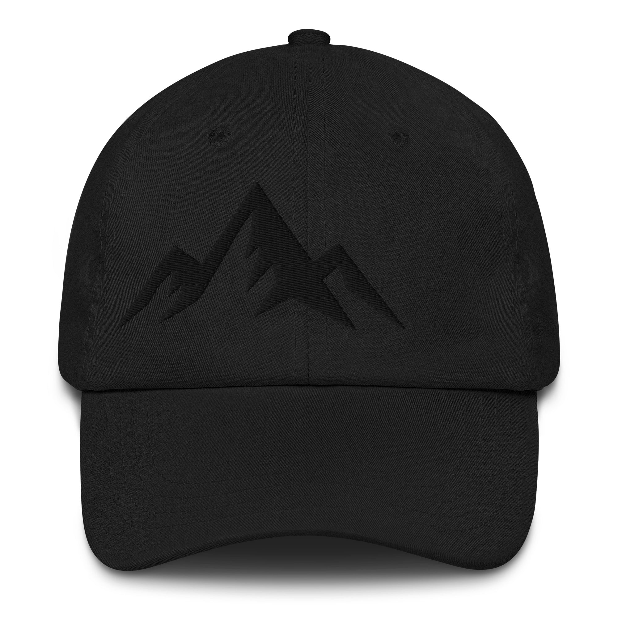 Black cap with minimal embroidered black design on a white background (front).