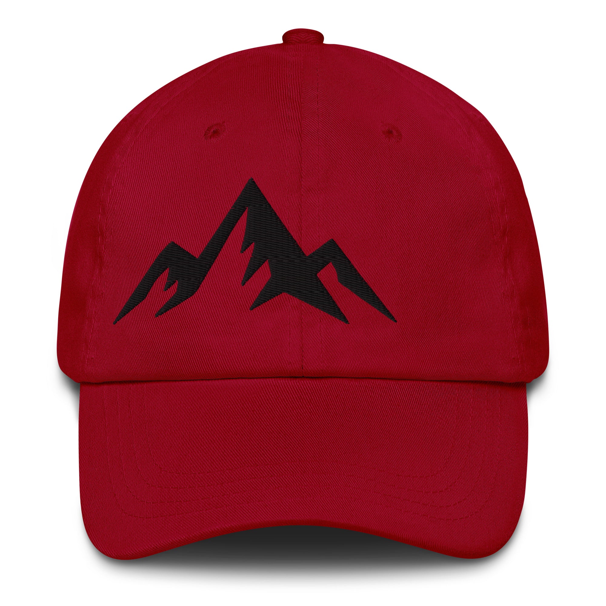 Red cap with minimal embroidered black design on a white background (front).
