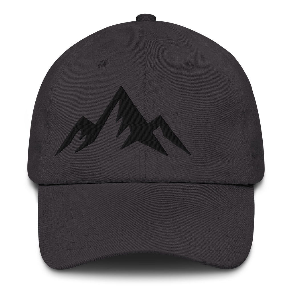 Dark grey cap with minimal embroidered black design on a white background (front).