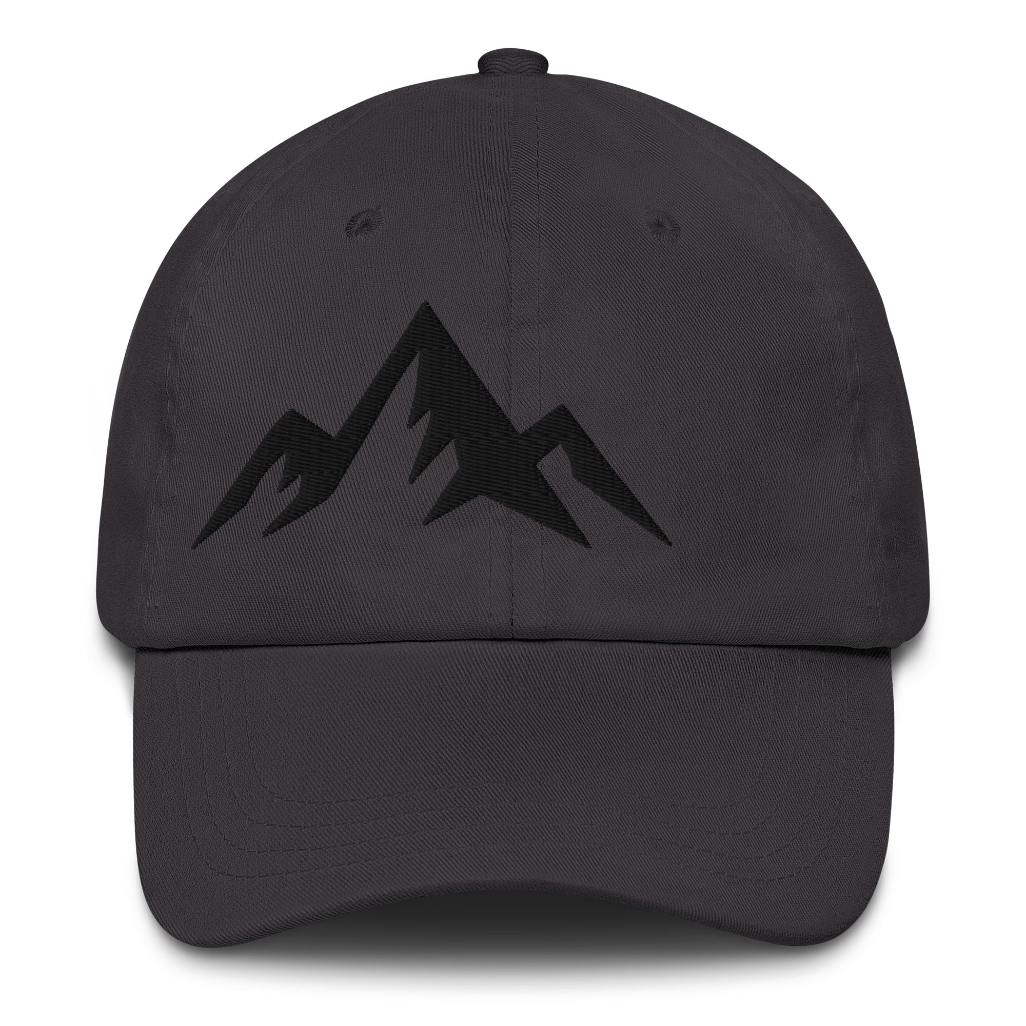 Dark grey cap with minimal embroidered black design on a white background (front).