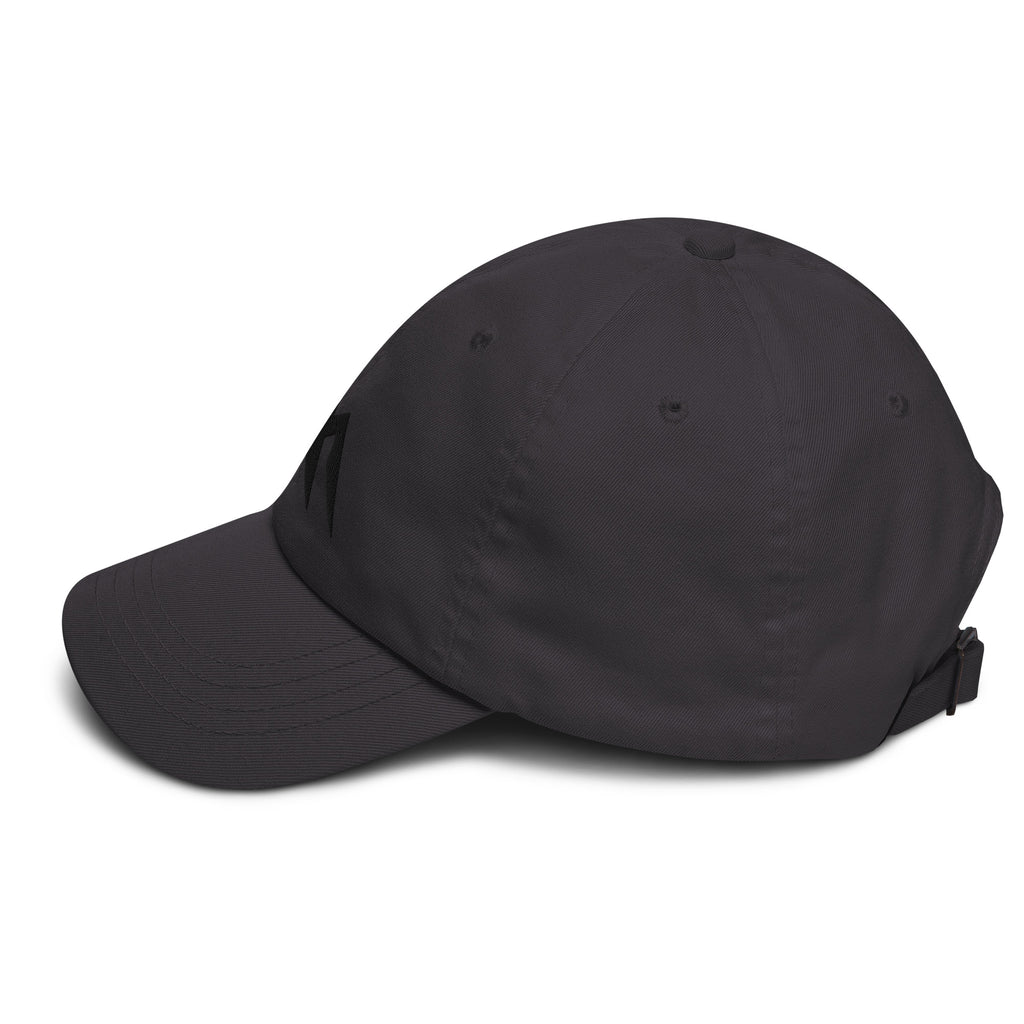 Dark grey cap on a white background (left).