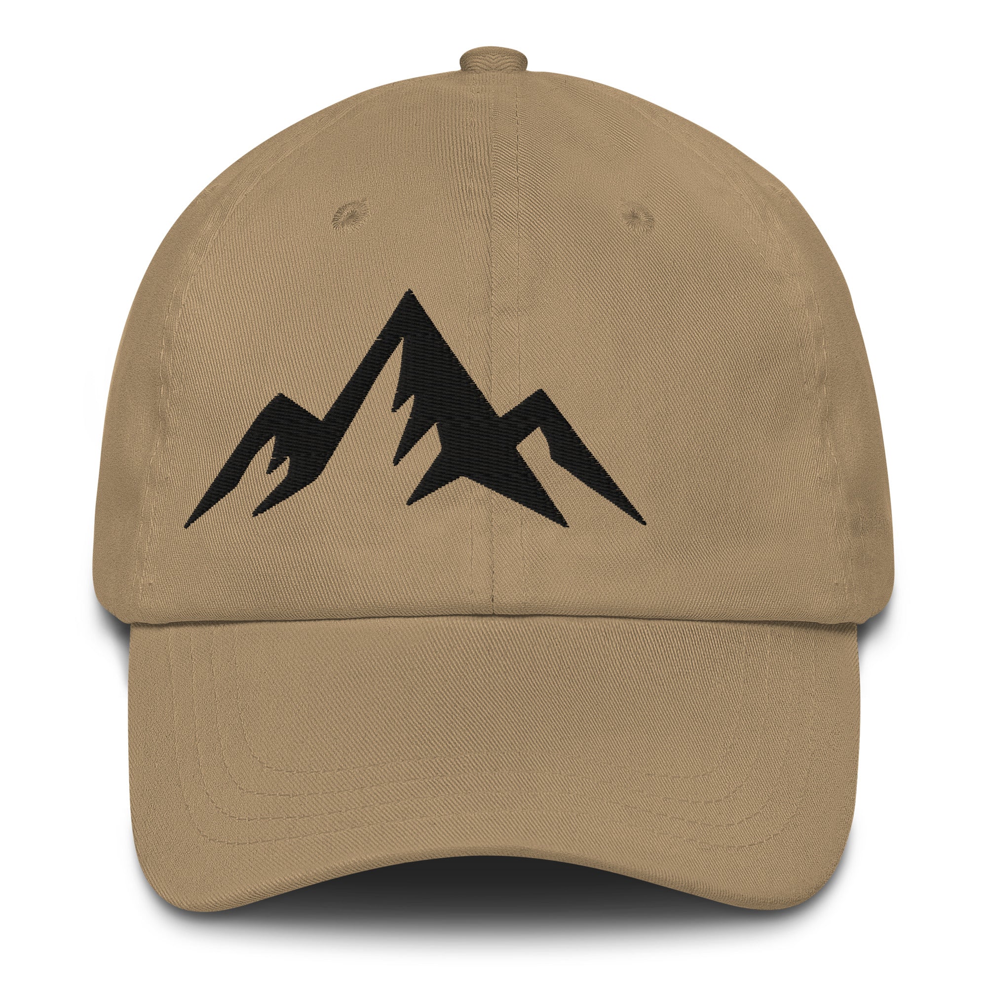 Khaki cap with minimal embroidered black design on a white background (front).