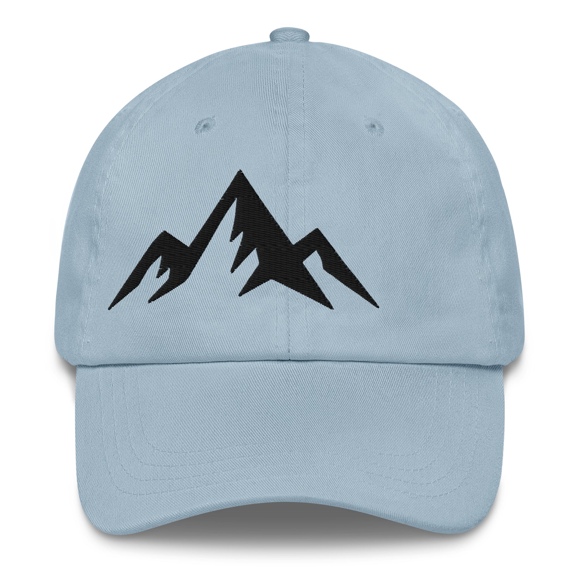 Light blue cap with minimal embroidered black design on a white background (front).