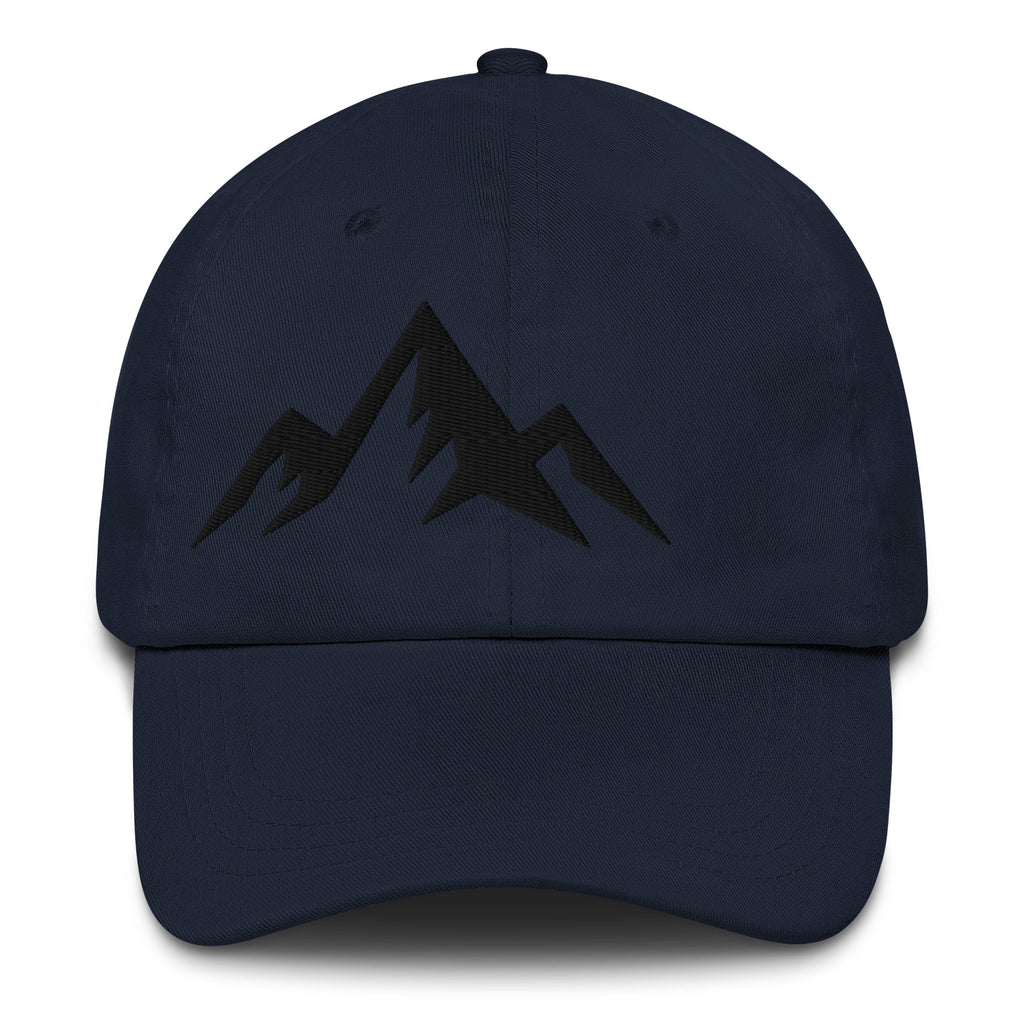 Navy blue cap with minimal embroidered black design on a white background (front).
