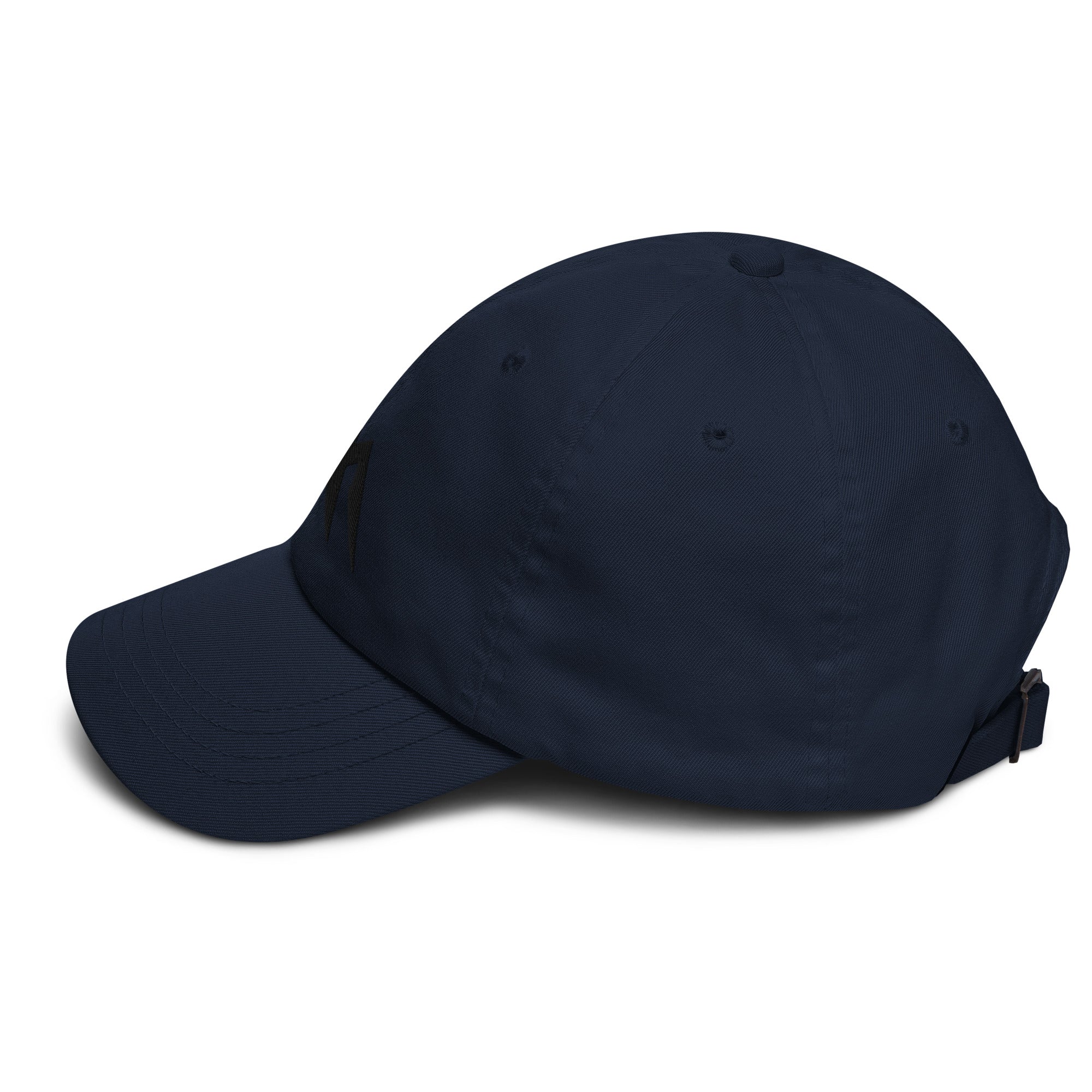 Navy blue cap on a white background (left).