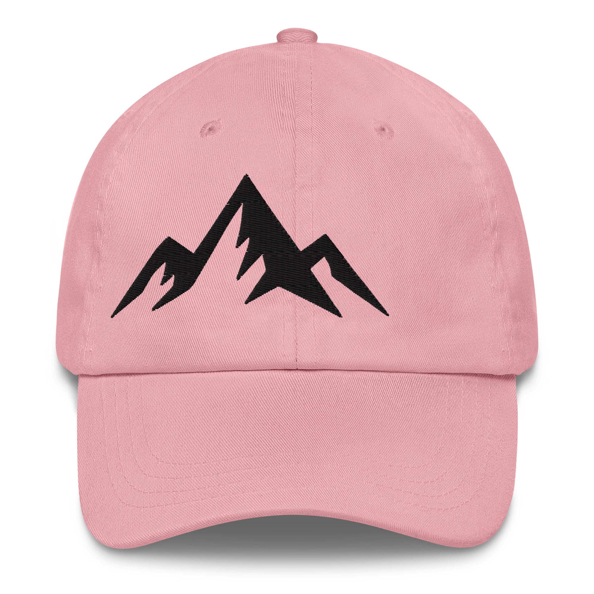 Pink cap with minimal embroidered black design on a white background (front).