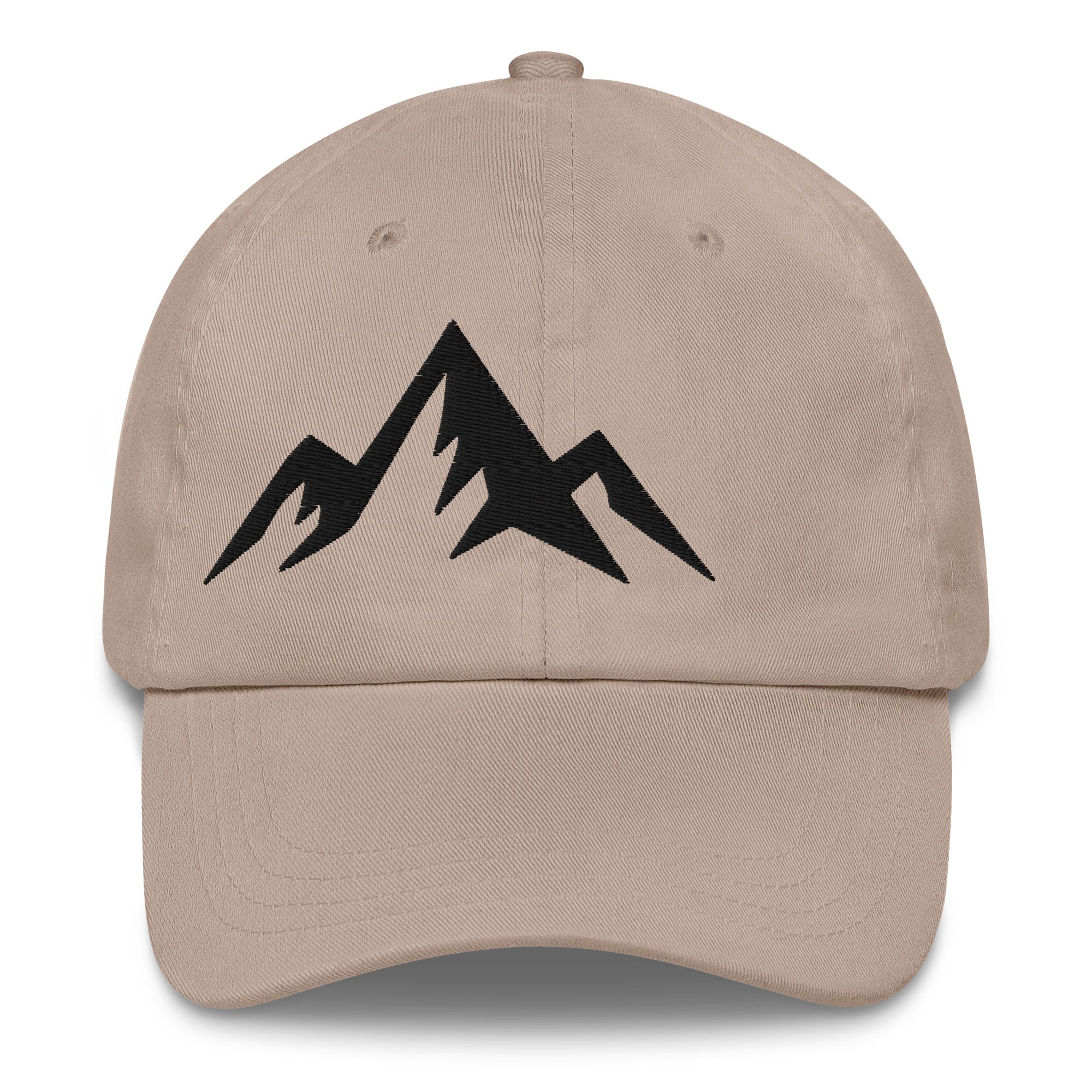 Beige cap with minimal embroidered black design on a white background (front).