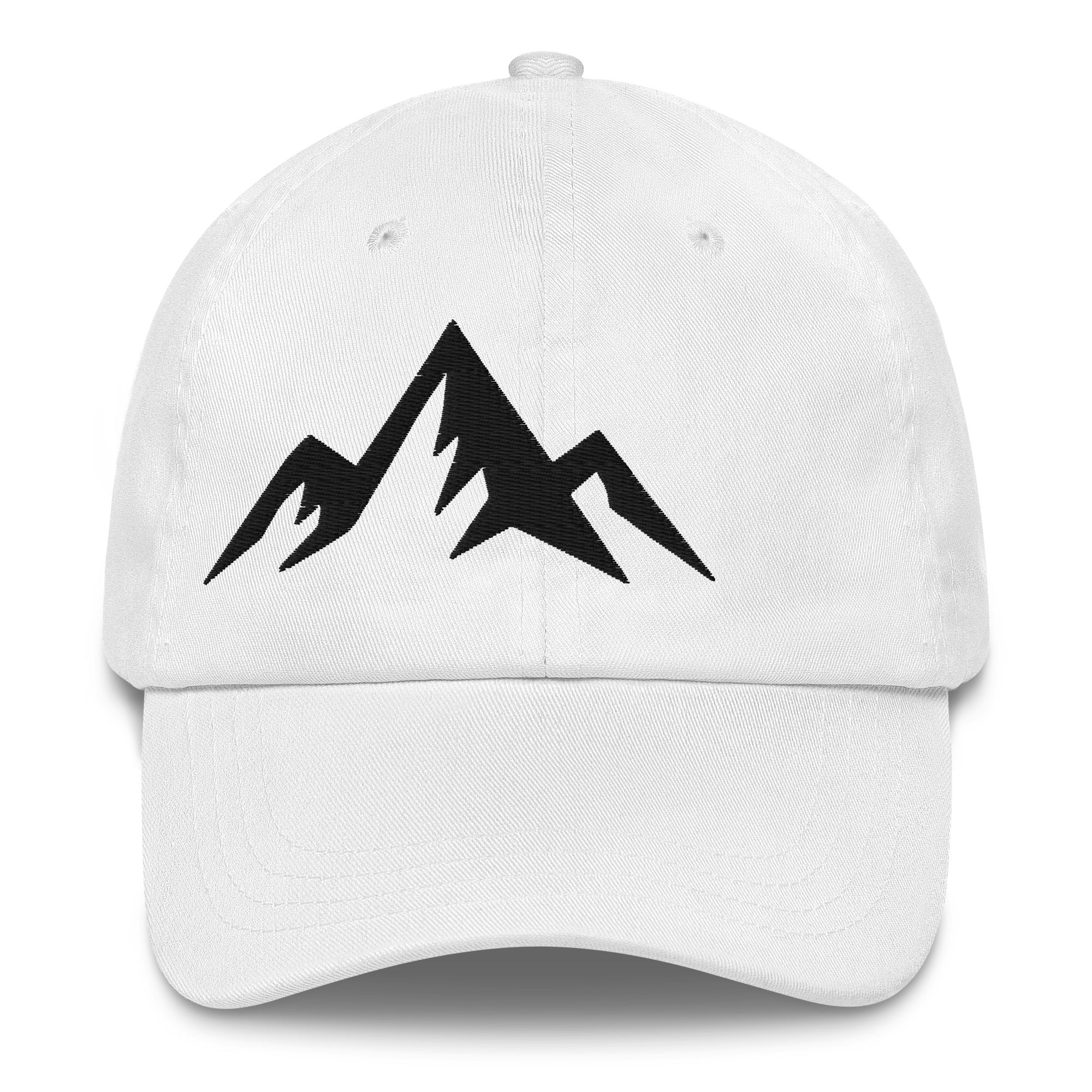 White cap with minimal embroidered black design on a white background (front).
