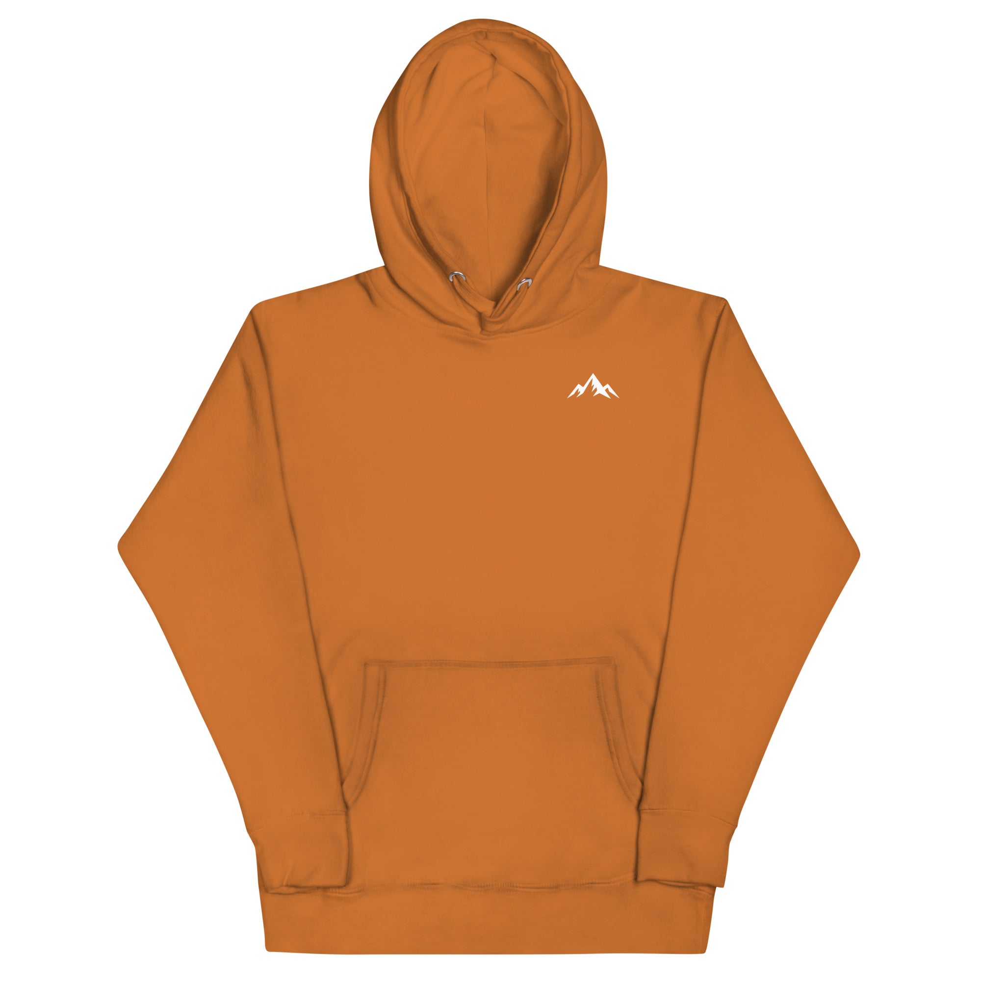 Premium cotton Orange hoodie with a minimal white logo at the upper left corner of the sweatshirt on a white background (front).