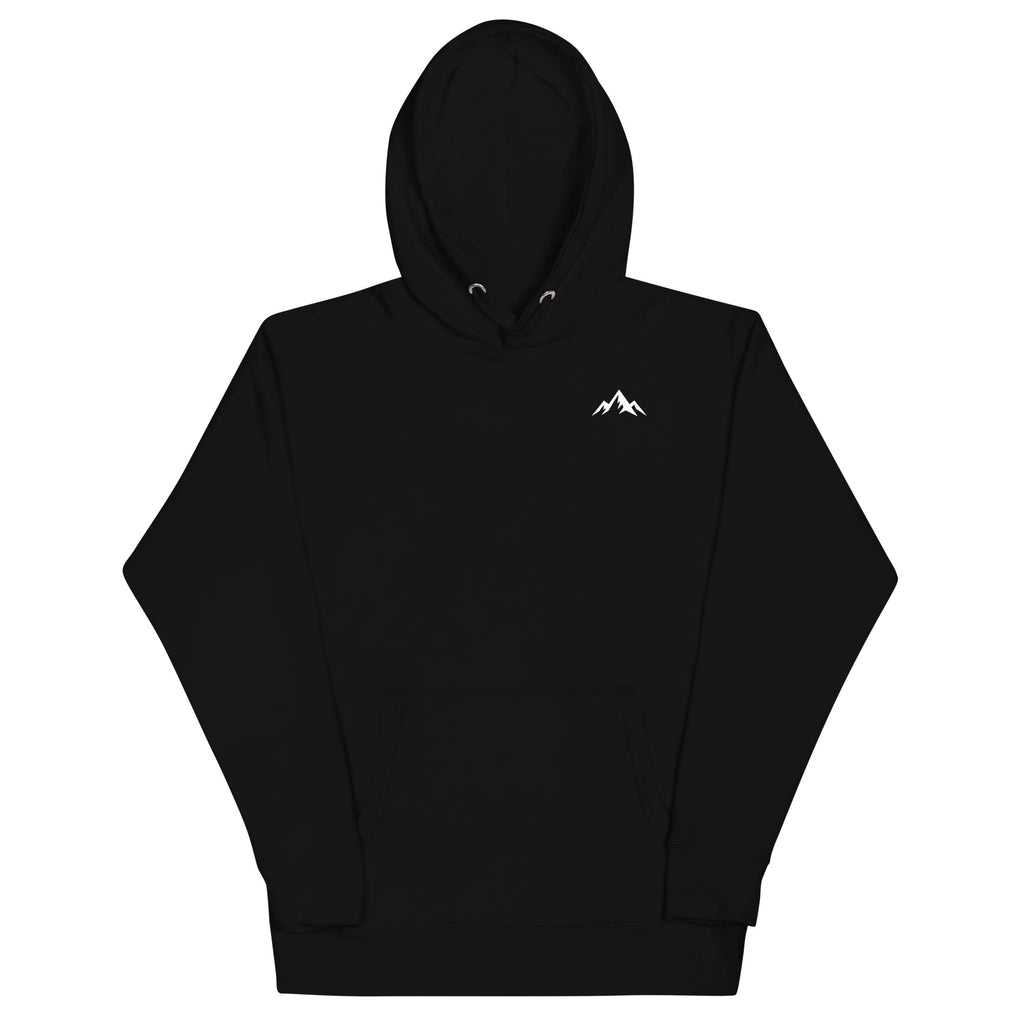 Premium cotton black hoodie with minimal logo at the upper left corner of the sweatshirt on a white background (front).