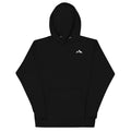 Premium cotton black hoodie with minimal logo at the upper left corner of the sweatshirt on a white background (front).