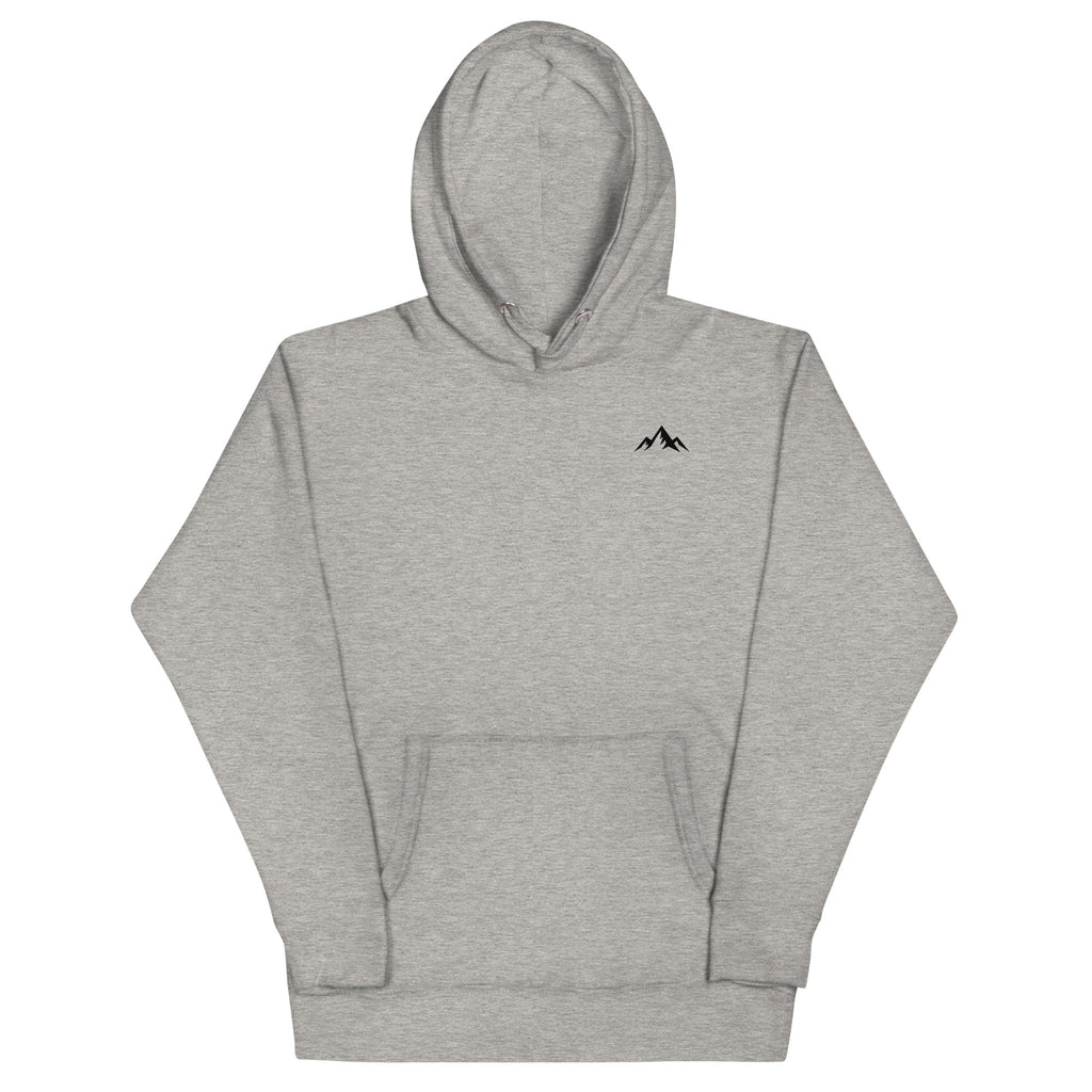 Premium cotton Gray hoodie with a minimal logo at the upper left corner of the sweatshirt on a white background (front).