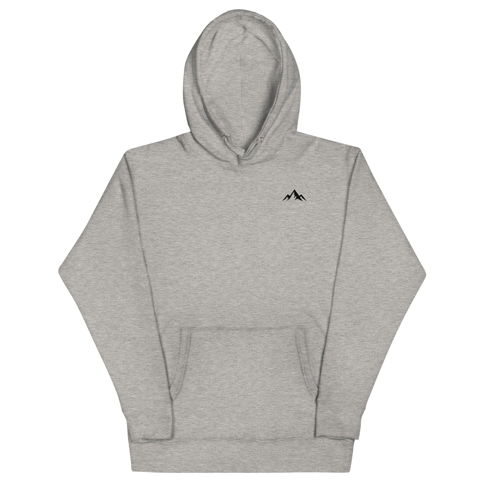 Premium cotton Gray hoodie with a minimal logo at the upper left corner of the sweatshirt on a white background (front).