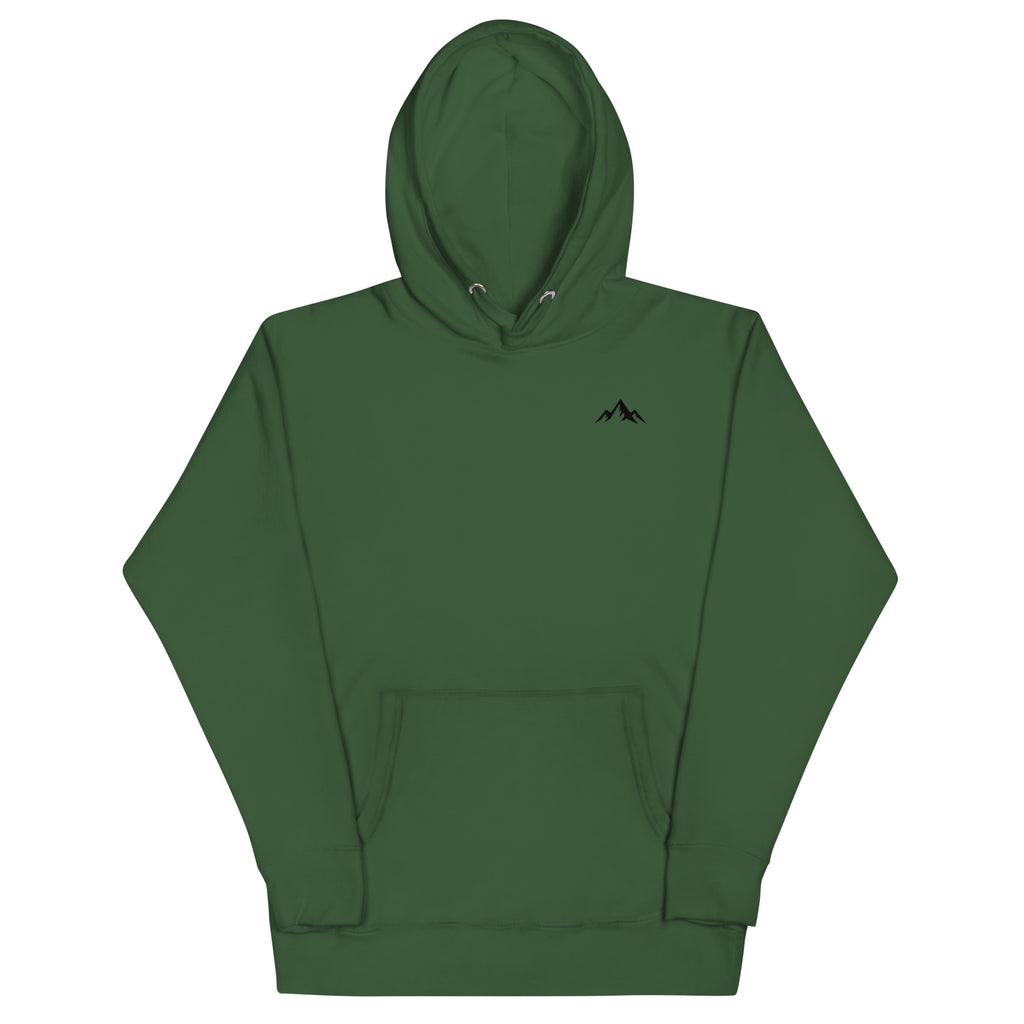 Premium cotton Green hoodie with a small logo at the upper left corner of the sweatshirt on a white background (front).