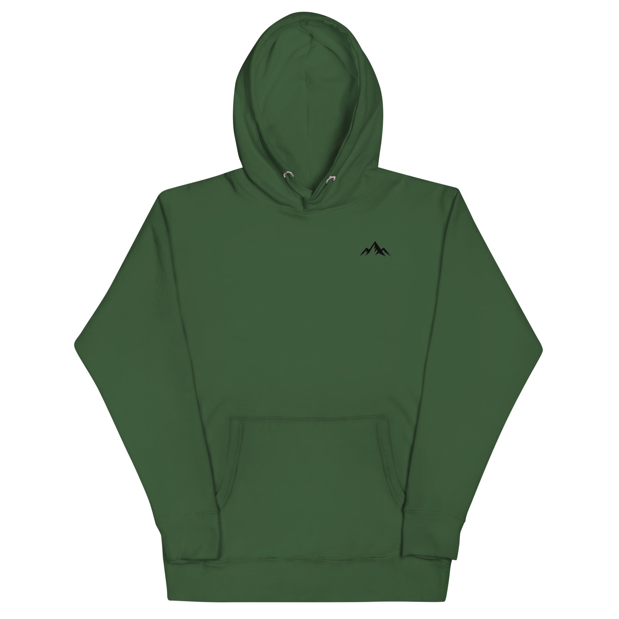 Premium cotton Green hoodie with a small logo at the upper left corner of the sweatshirt on a white background (front).