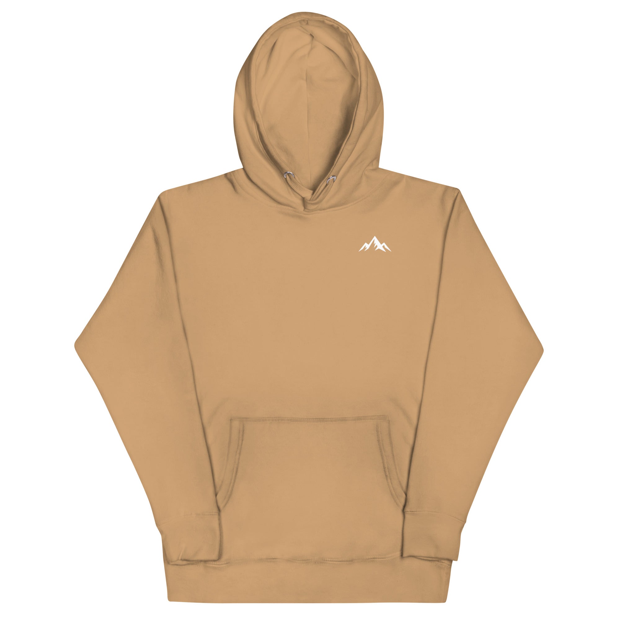 Premium cotton Khaki hoodie with a minimal logo at the upper left corner on a white background (front)