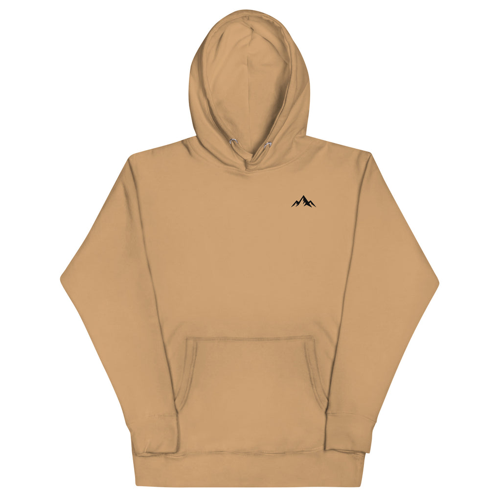 Premium cotton Beige hoodie with a small black logo at the upper left corner of the sweatshirt on a white background (front).