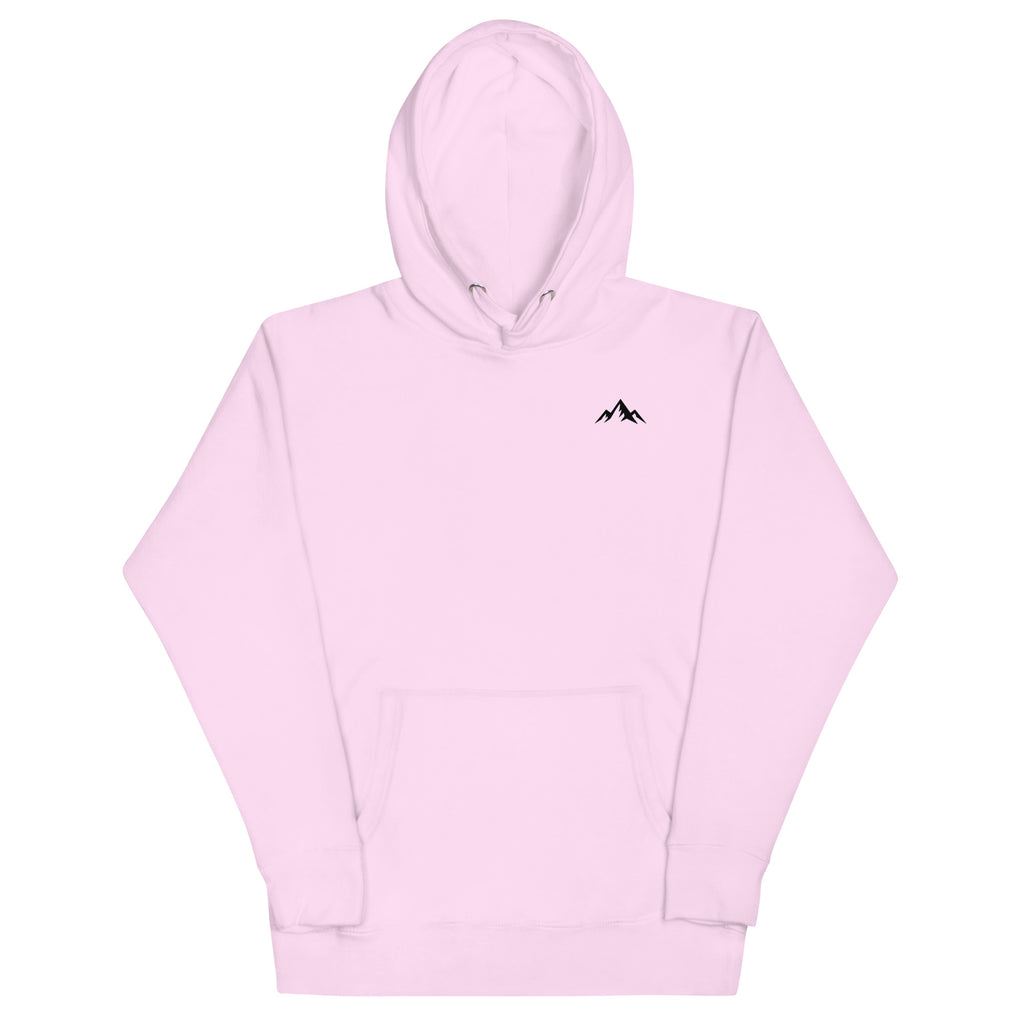 Premium cotton Light pink hoodie with a minimal black logo at the upper left corner of the sweatshirt on a white background (Front).