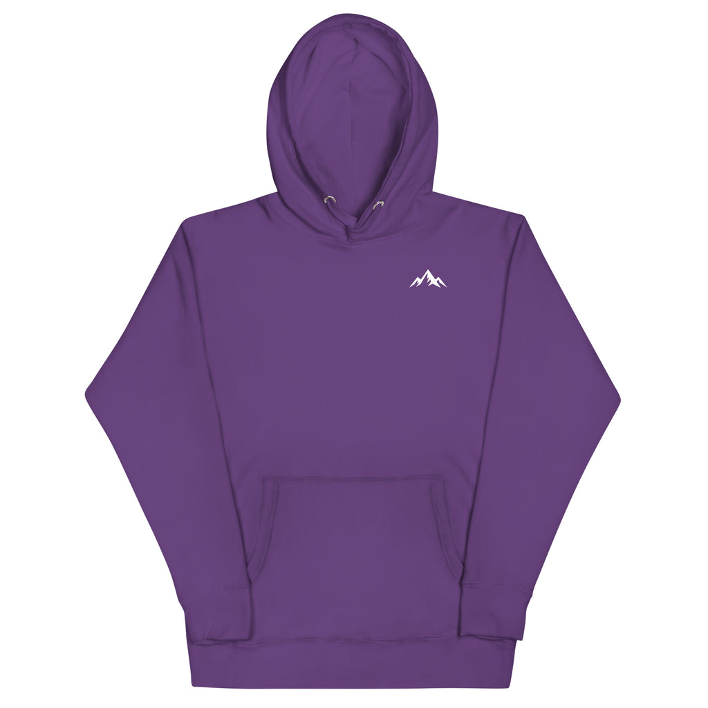 Premium cotton Purple hoodie with a minimal white logo at the upper left corner of the sweatshirt on a white background (front).