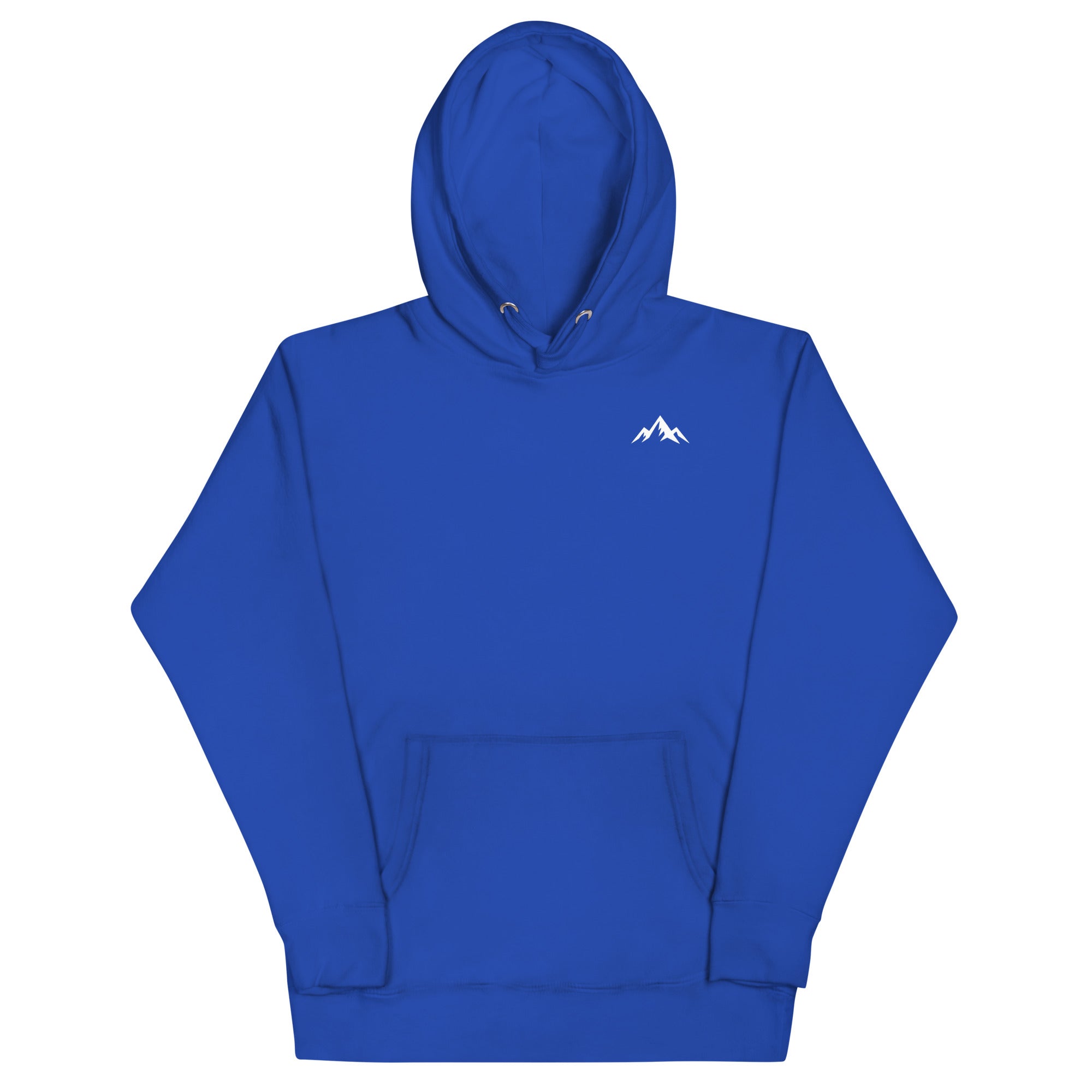 Premium cotton Blue hoodie with a minimal white logo at the upper left corner of the sweatshirt on a white background (front).