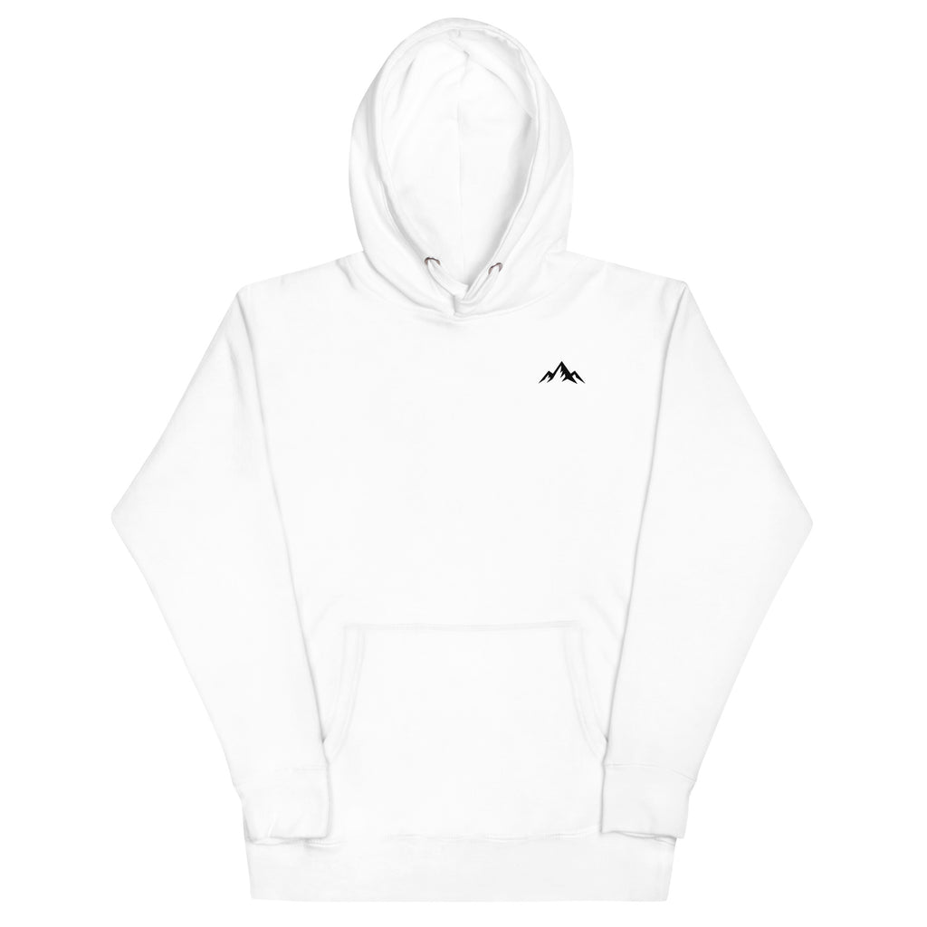Premium cotton White hoodie with a black logo at the upper left corner of the sweatshirt on a white background (front).