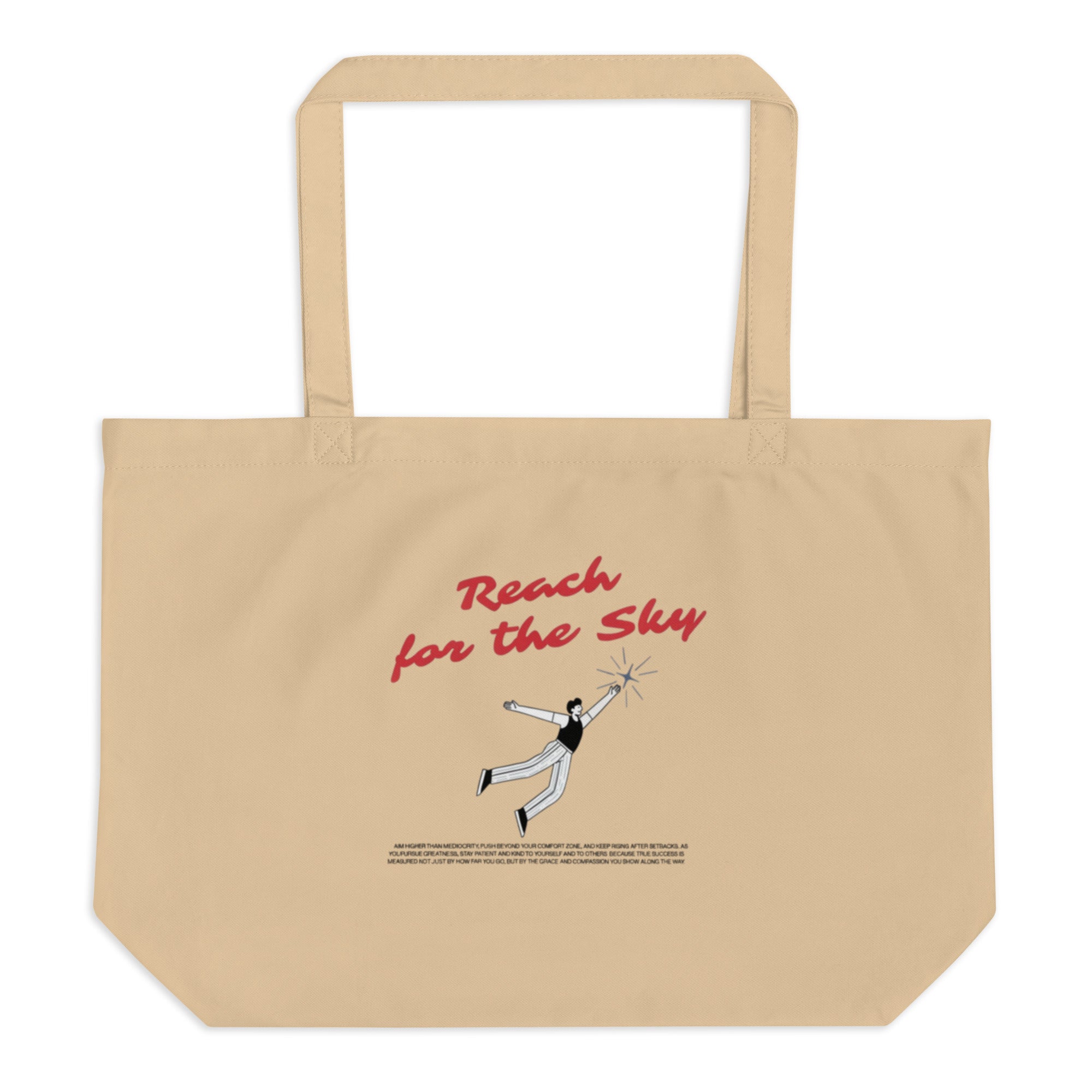 Large eco Beige tote bag with 'Reach for the Sky' text and graphic on a white background