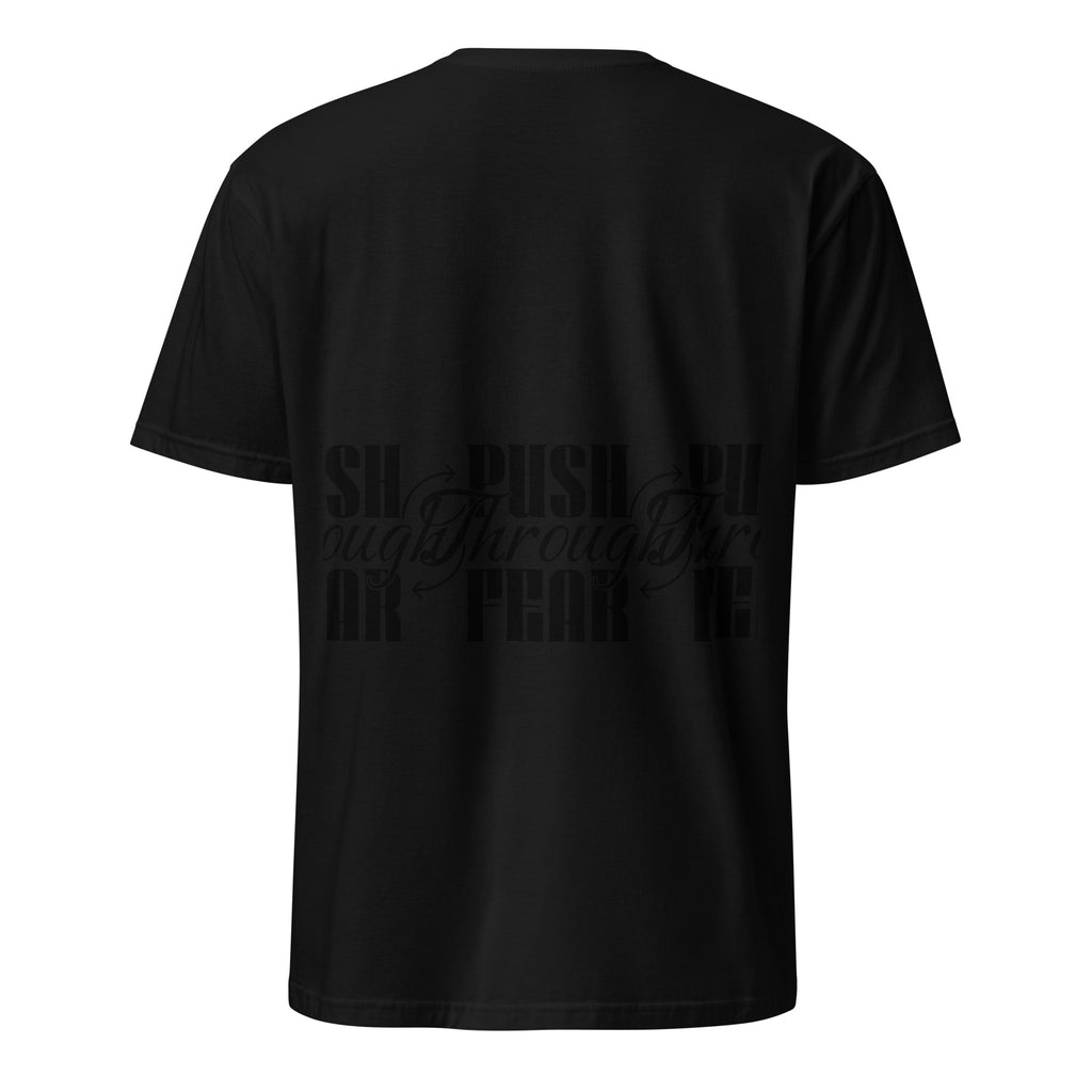 Black t-shirt with black text design on a white background (back).