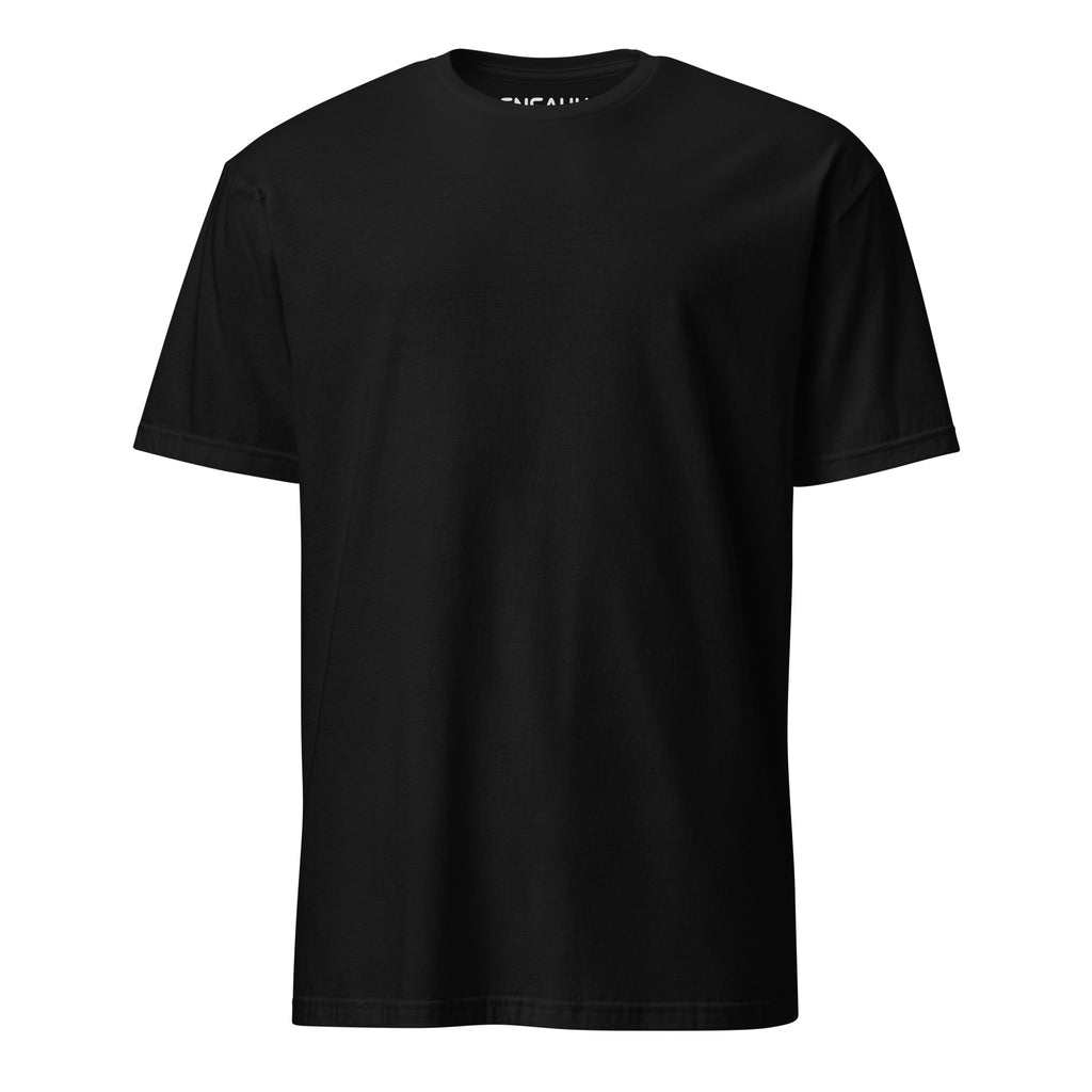 Black soft-style t-shirt on a white background (front).