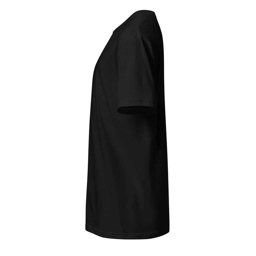 Black t-shirt on a white background (left).