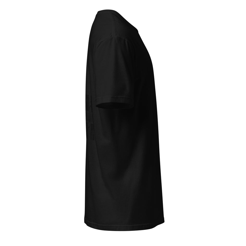Black t-shirt on a white background (right).