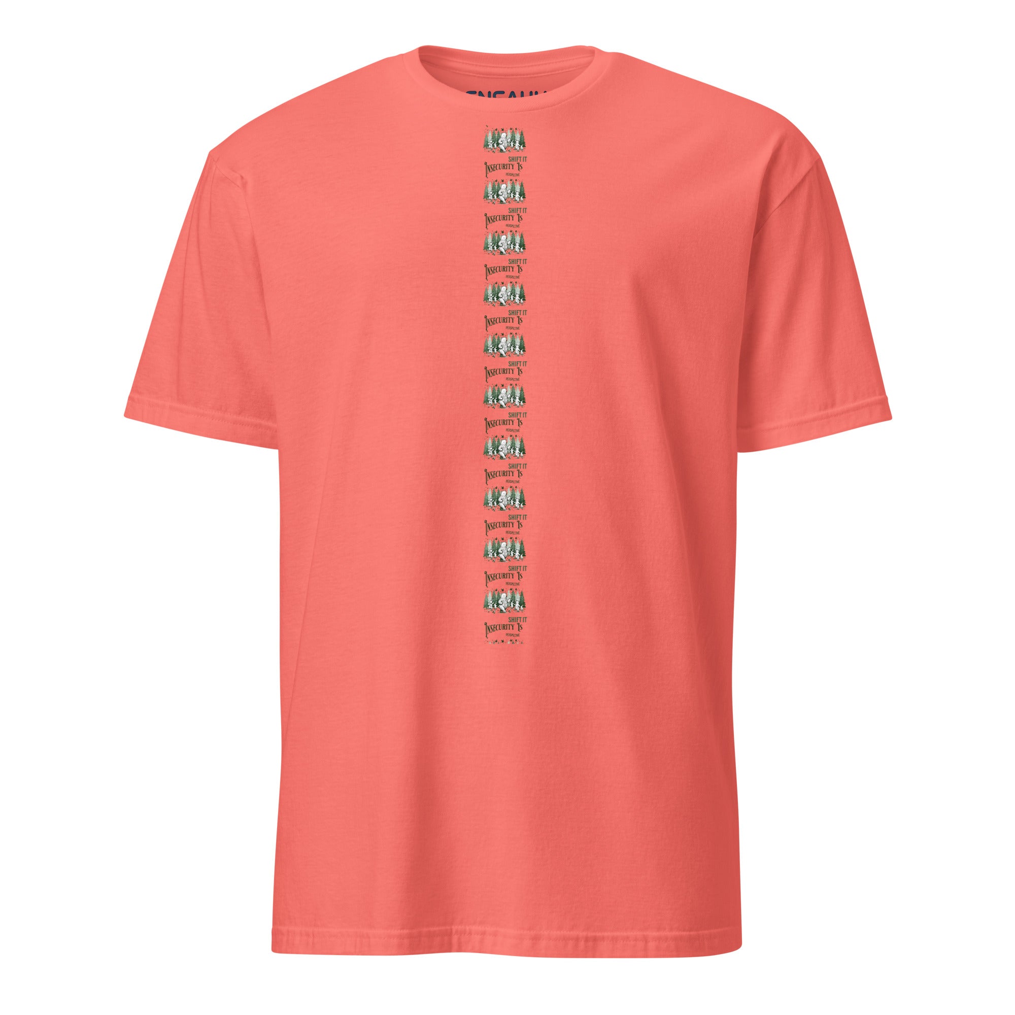 Coral t-shirt with minimalist linear green text and graphic design at the center of the tee on a white background (front).