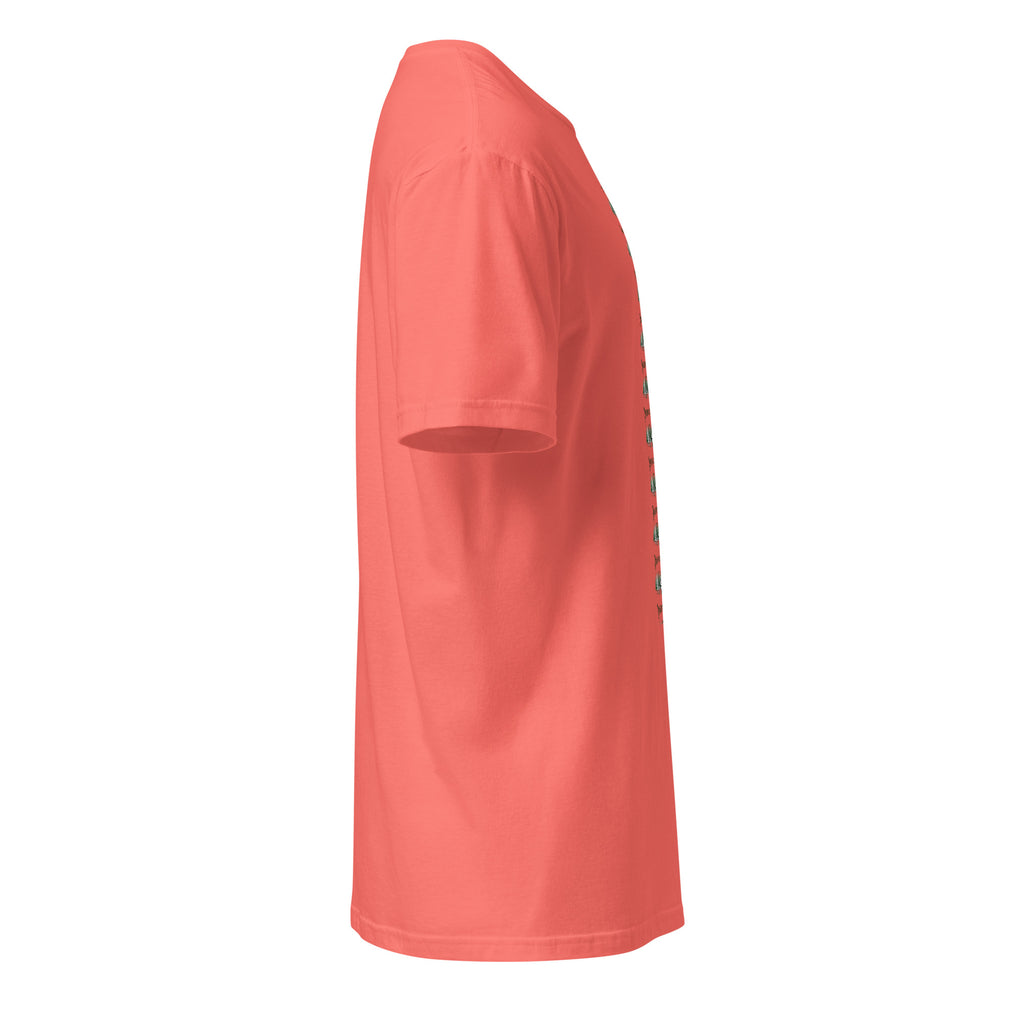 Coral t-shirt on a white background (right).