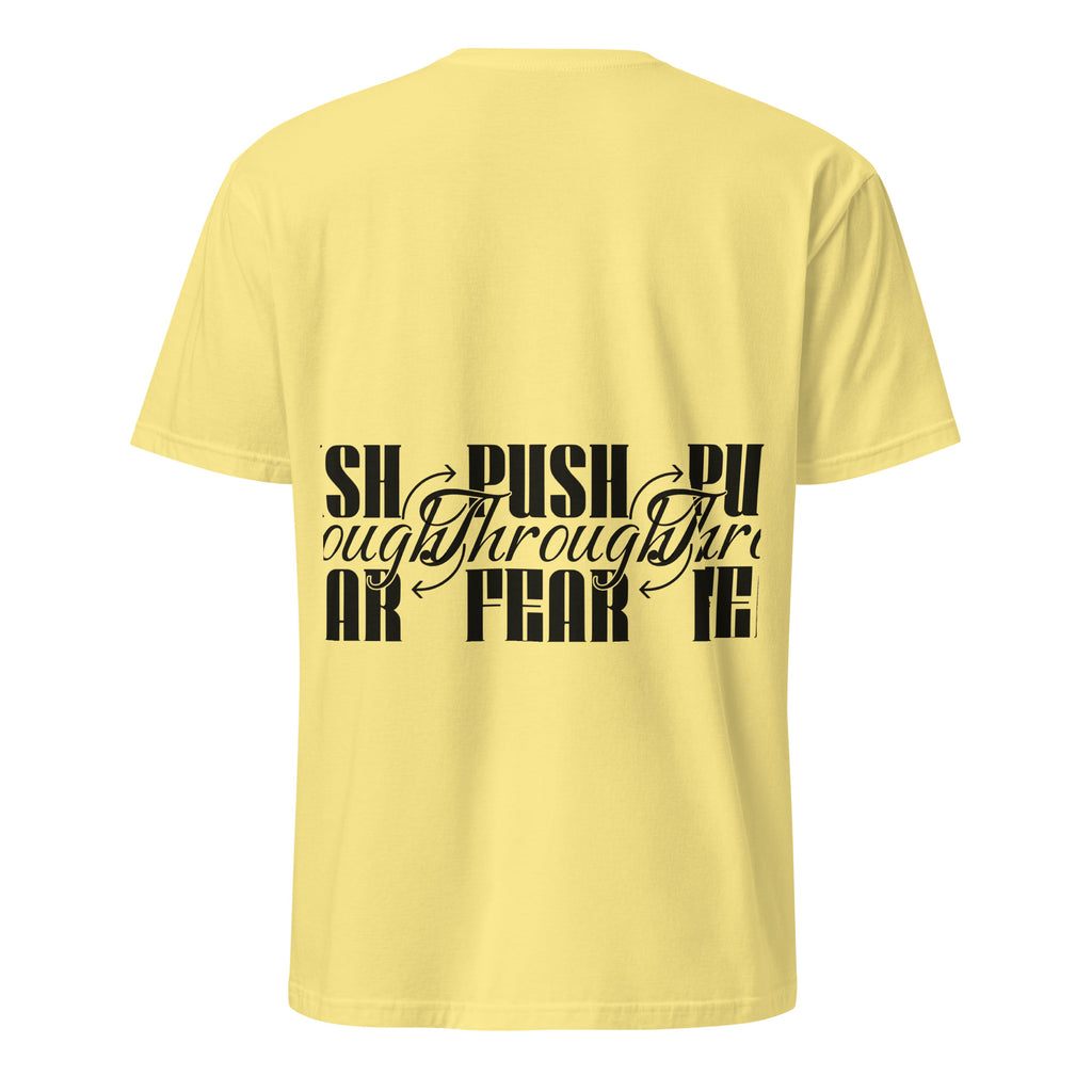 Yellow t-shirt with black text design on a white background (back).