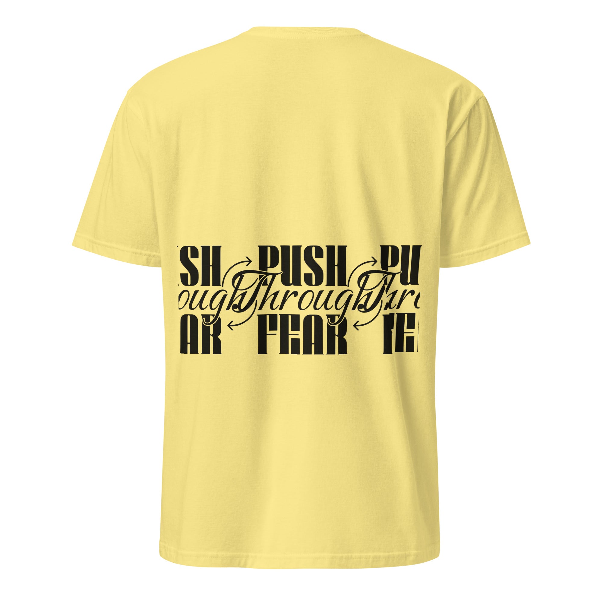 Yellow t-shirt with black text design on a white background (back).