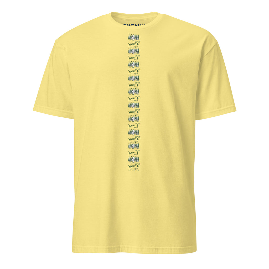 Yellow t-shirt with minimalist linear green text and graphic design at the center of the tee on a white background (front).