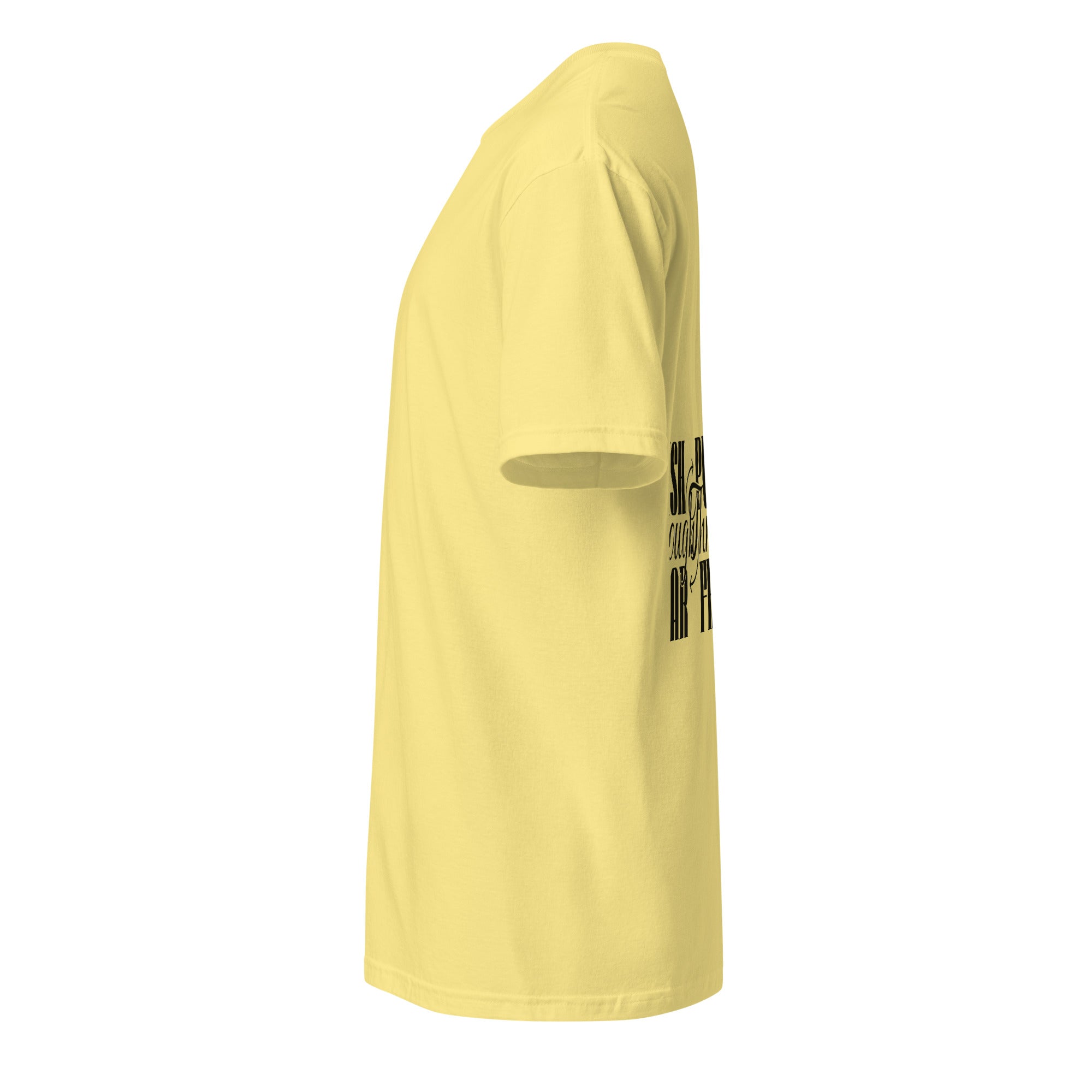 Yellow t-shirt on a white background (left). 