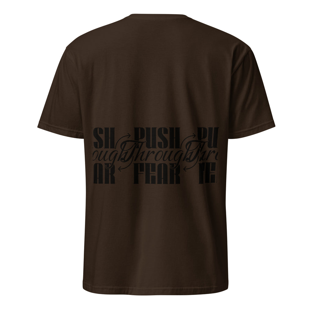 Dark chocolate t-shirt with black text design on a white background (back).