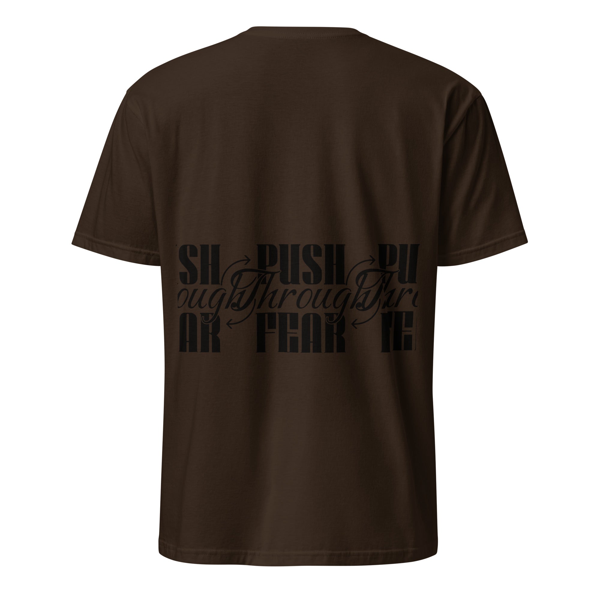 Dark chocolate t-shirt with black text design on a white background (back).