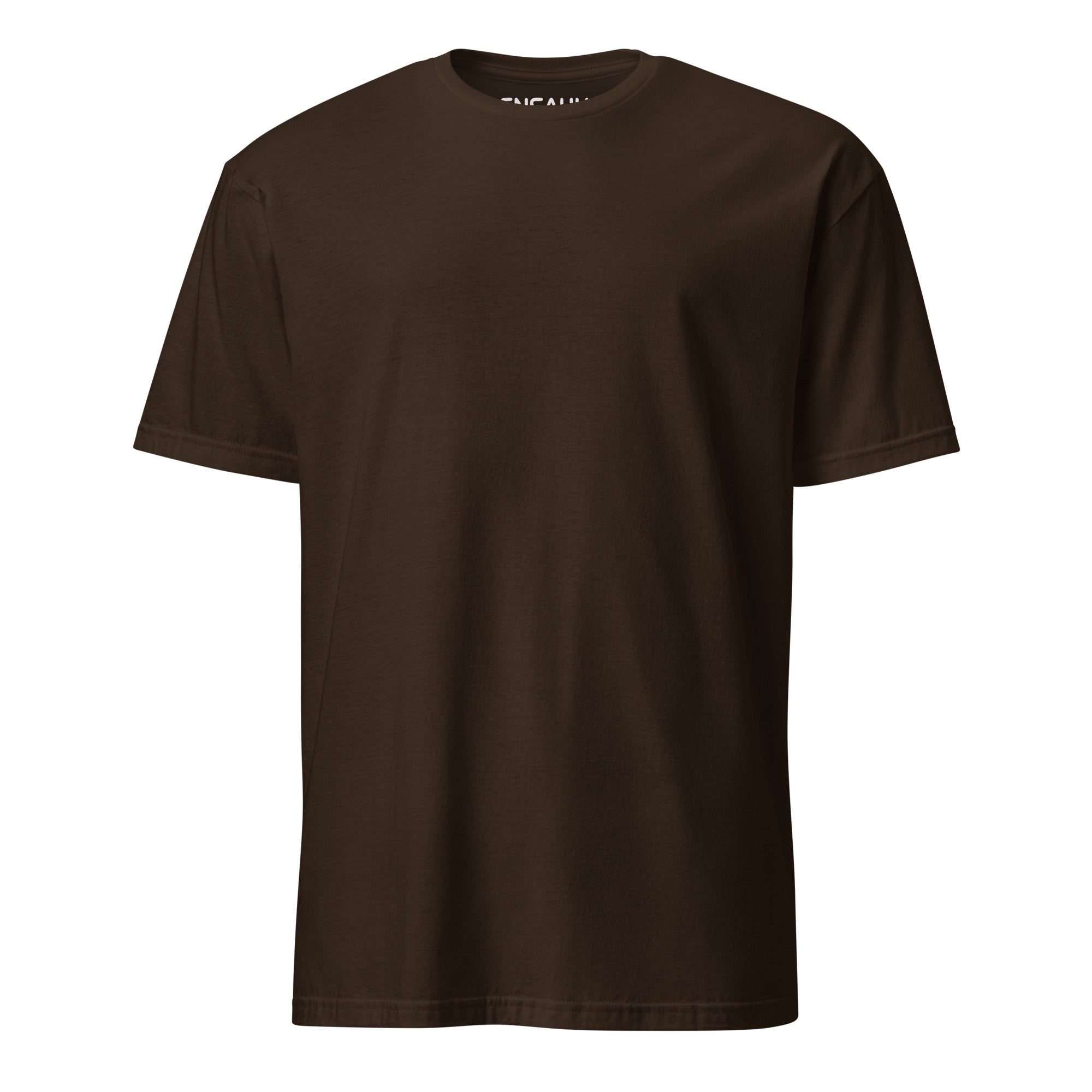 Dark chocolate soft-style t-shirt on a white background (front).