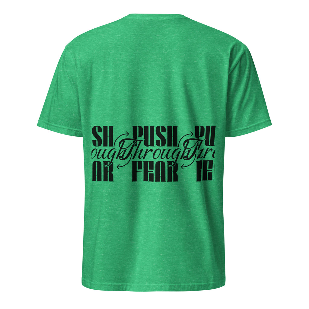 Green t-shirt with black text design on a white background (back).