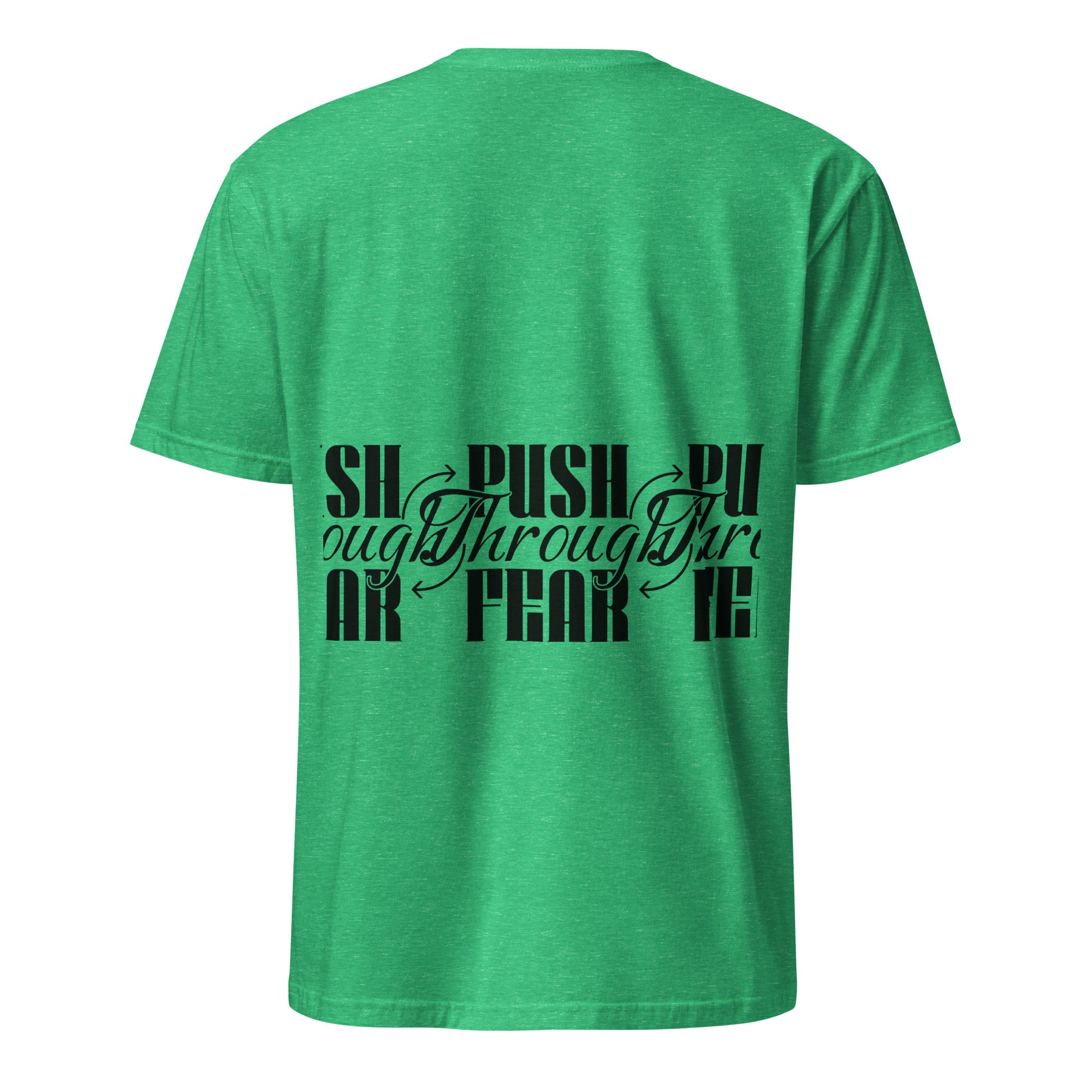 Green t-shirt with black text design on a white background (back).