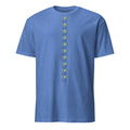 Royal blue t-shirt with minimalist linear green text and graphic design at the center of the tee on a white background (front).