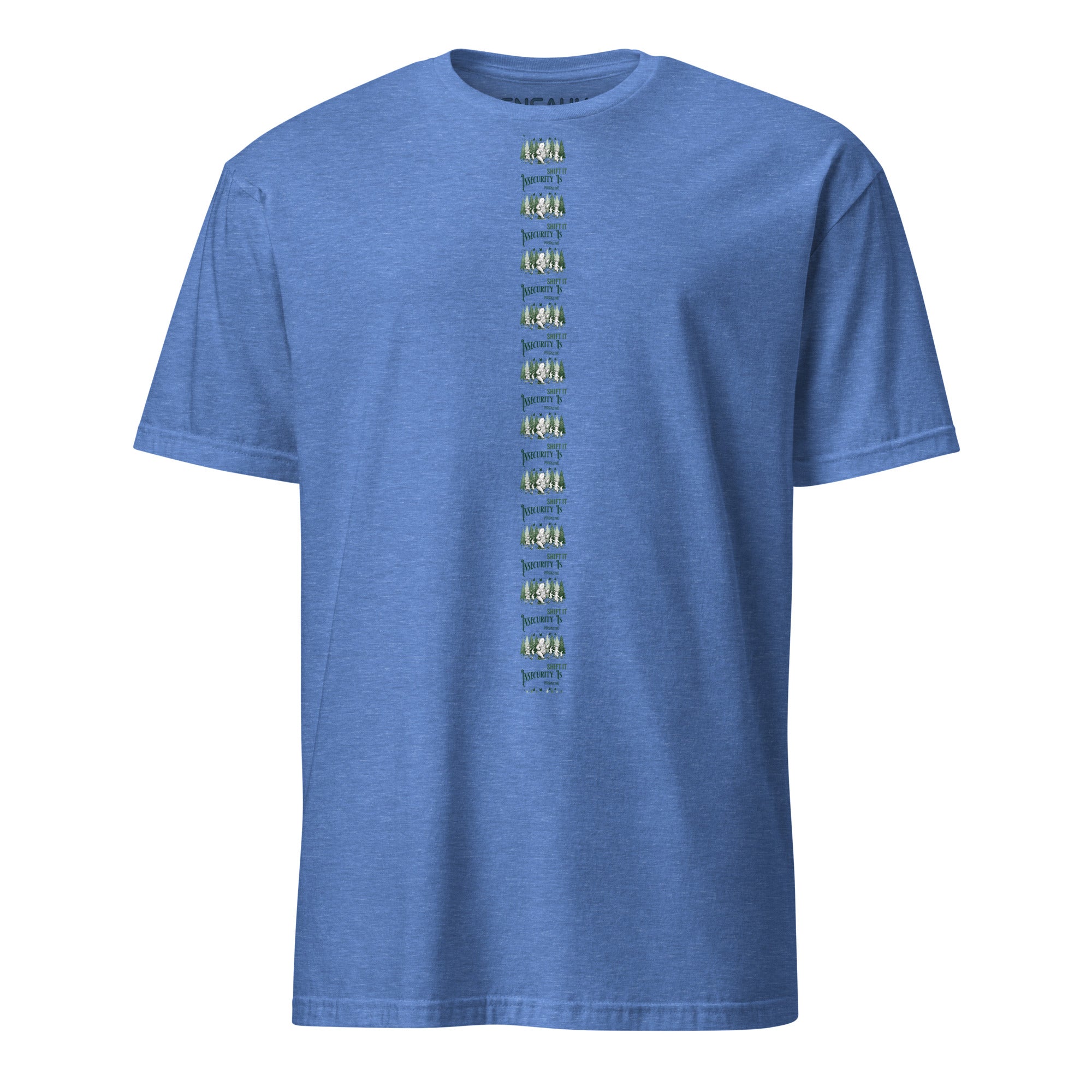 Royal blue t-shirt with minimalist linear green text and graphic design at the center of the tee on a white background (front).