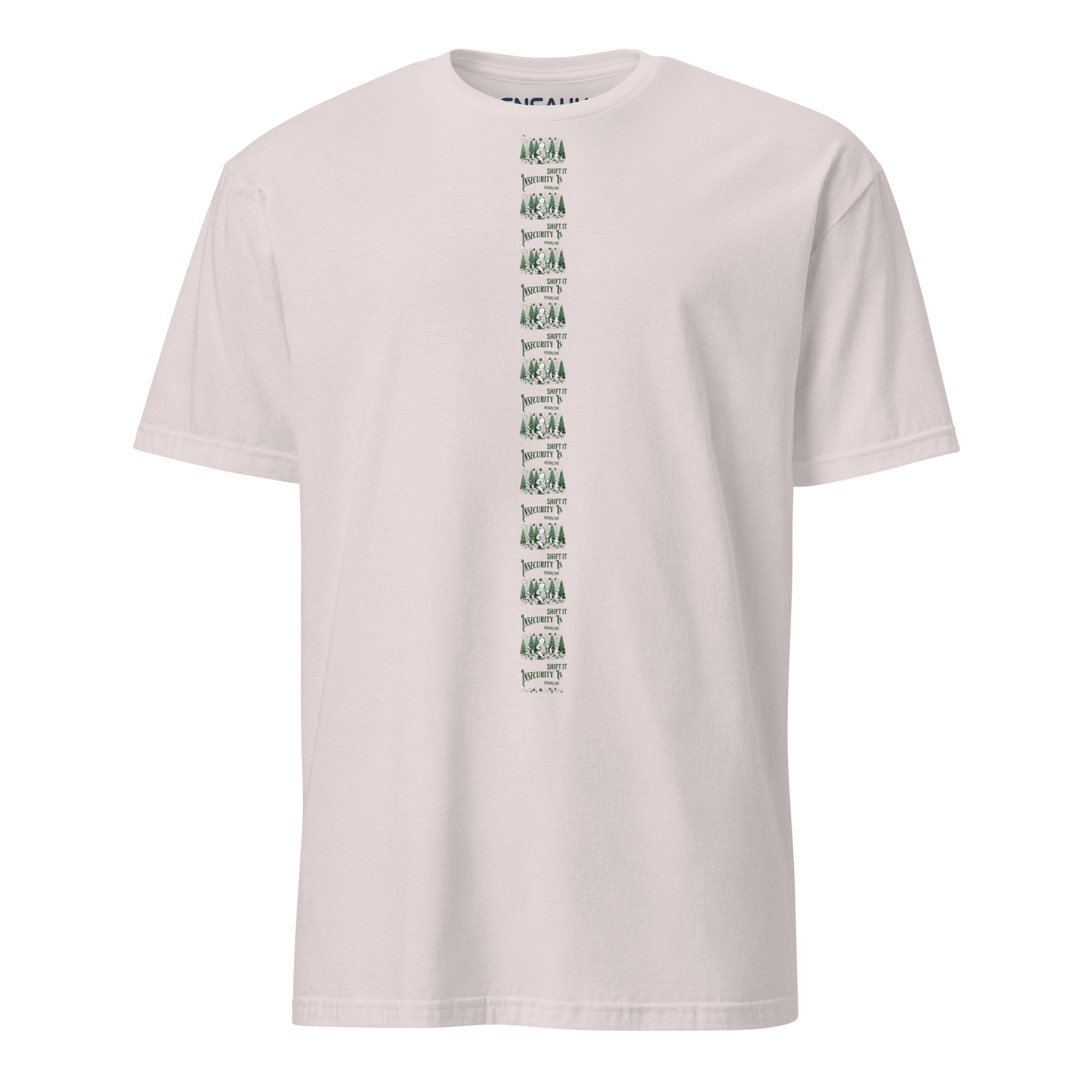 Ice grey t-shirt with minimalist linear green text and graphic design at the center of the tee on a white background (front).