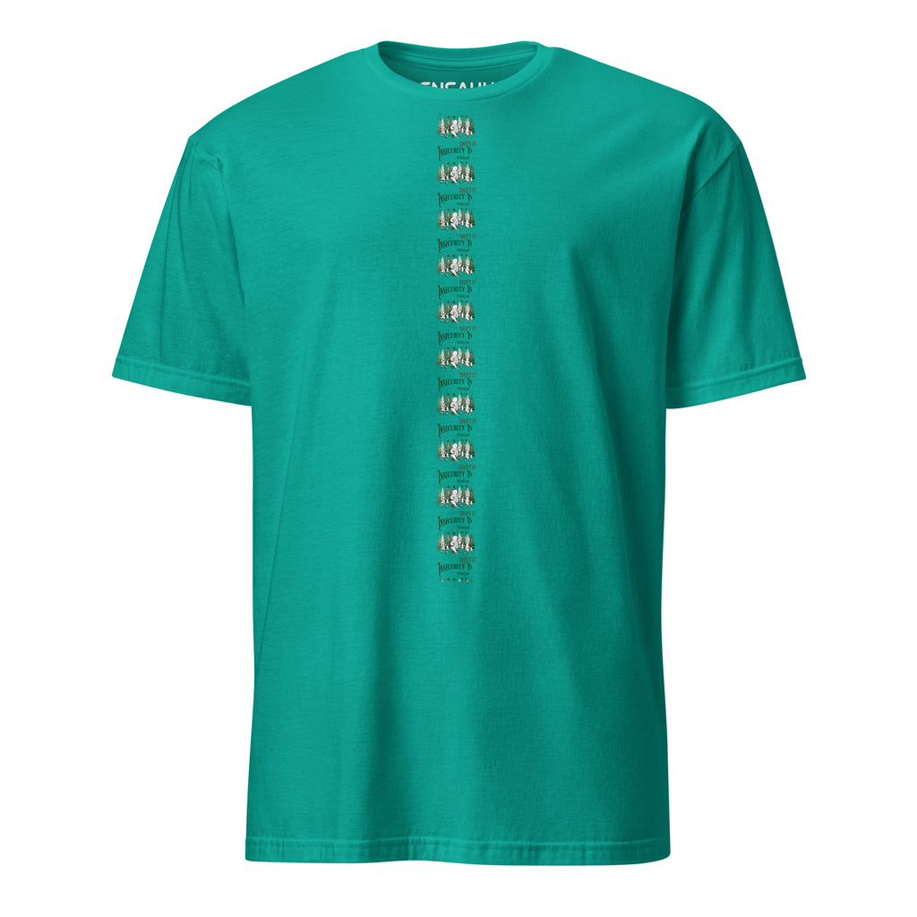 Jade green t-shirt with minimalist linear green text and graphic design at the center of the tee on a white background (front).