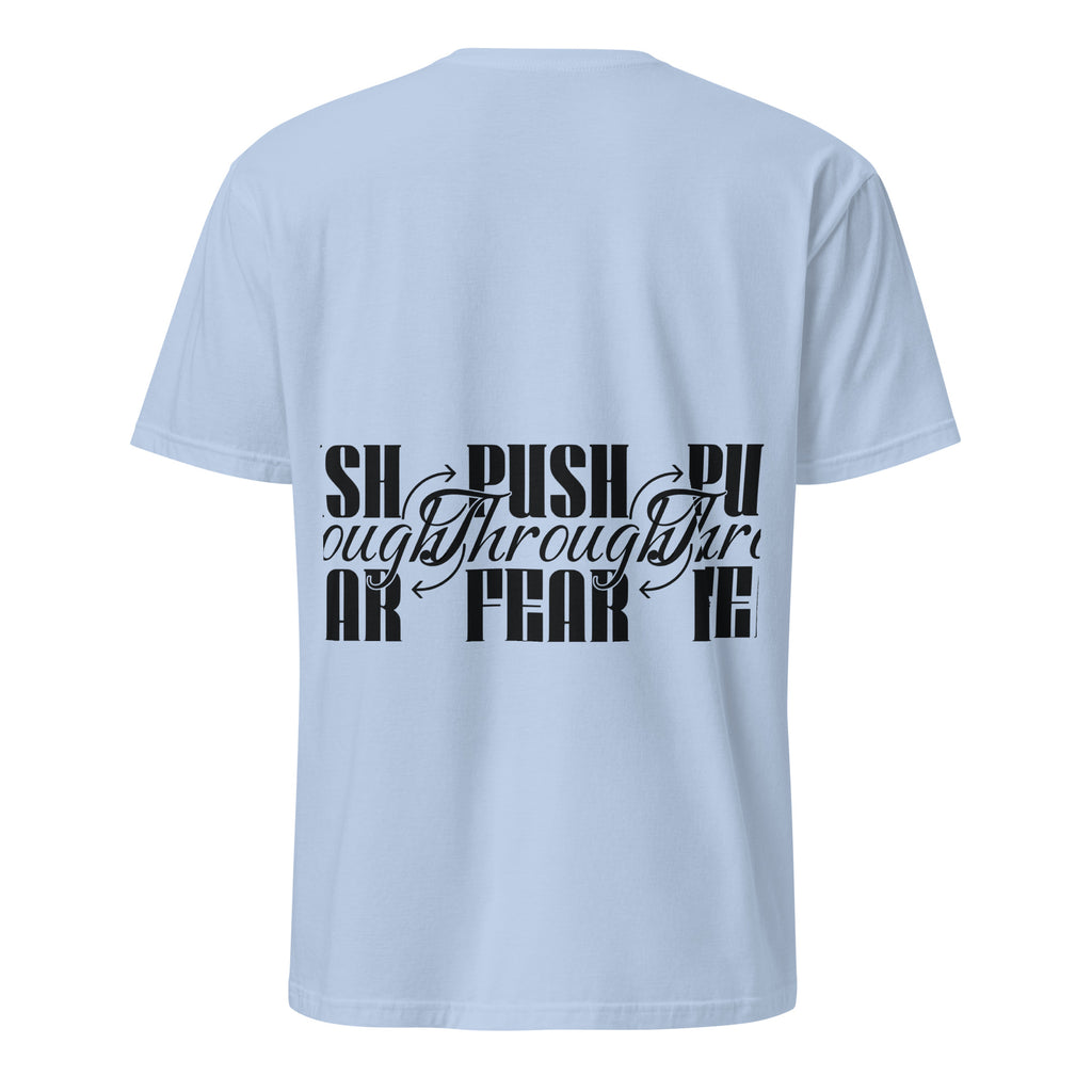 Light blue t-shirt with black text design on a white background (back).