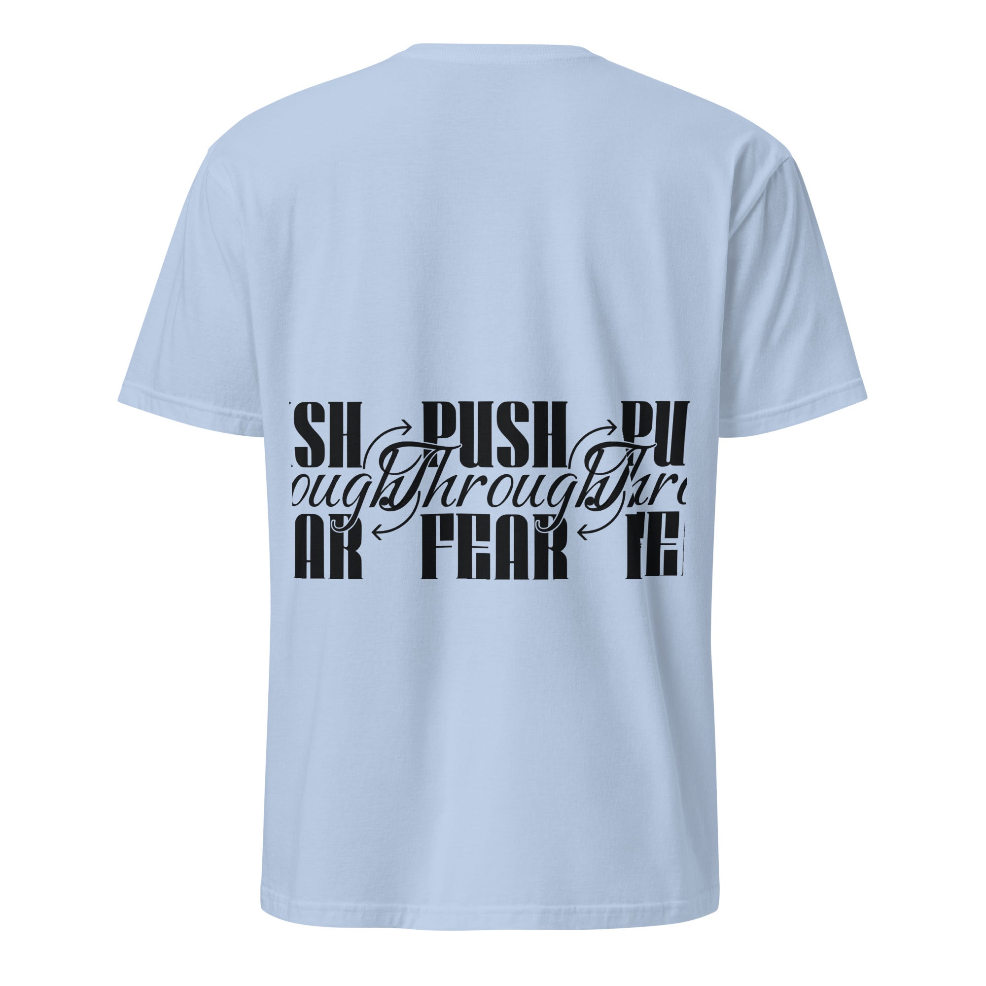Light blue t-shirt with black text design on a white background (back).