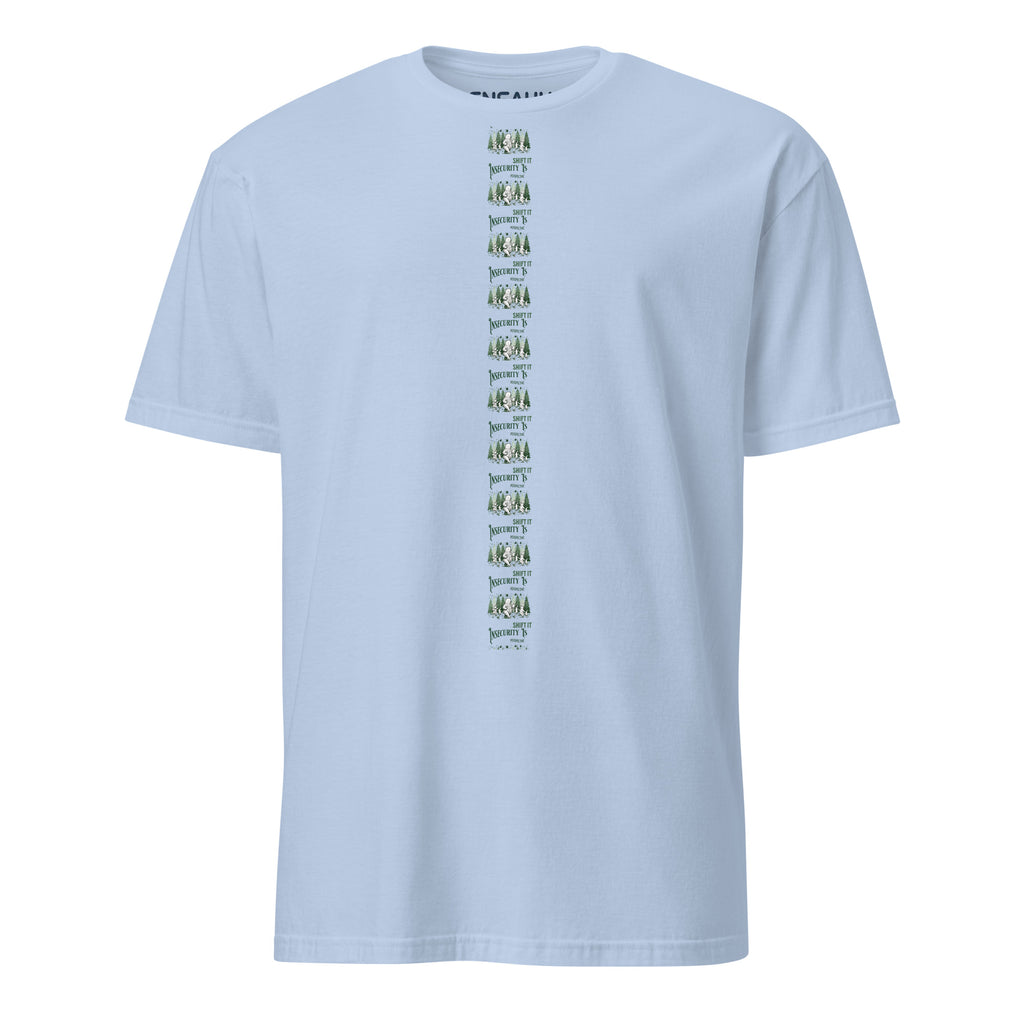 Light blue t-shirt with minimalist linear green text and graphic design at the center of the tee on a white background (front).