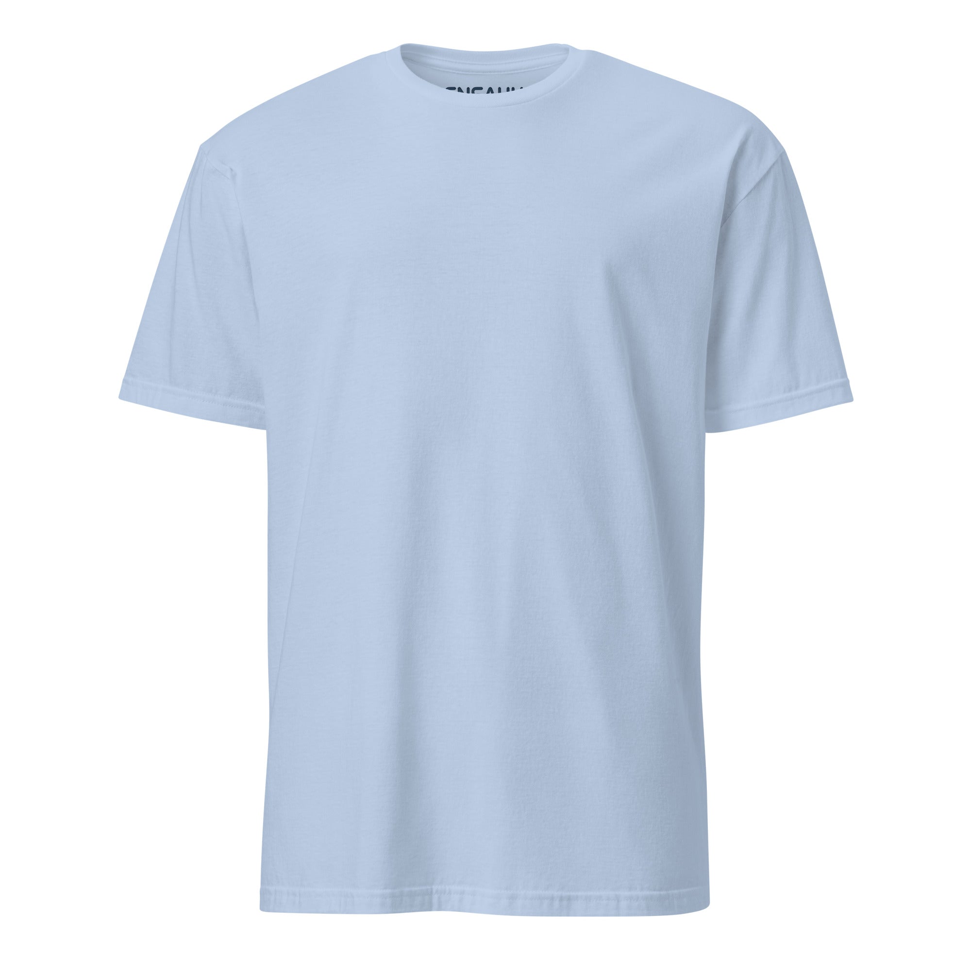 Light blue soft-style t-shirt on a white background (front).