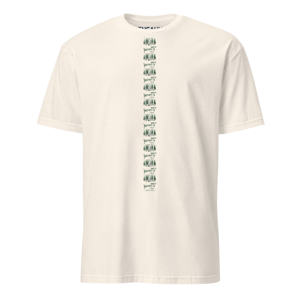 Off-white t-shirt with minimalist linear green text and graphic design at the center of the tee on a white background (front).